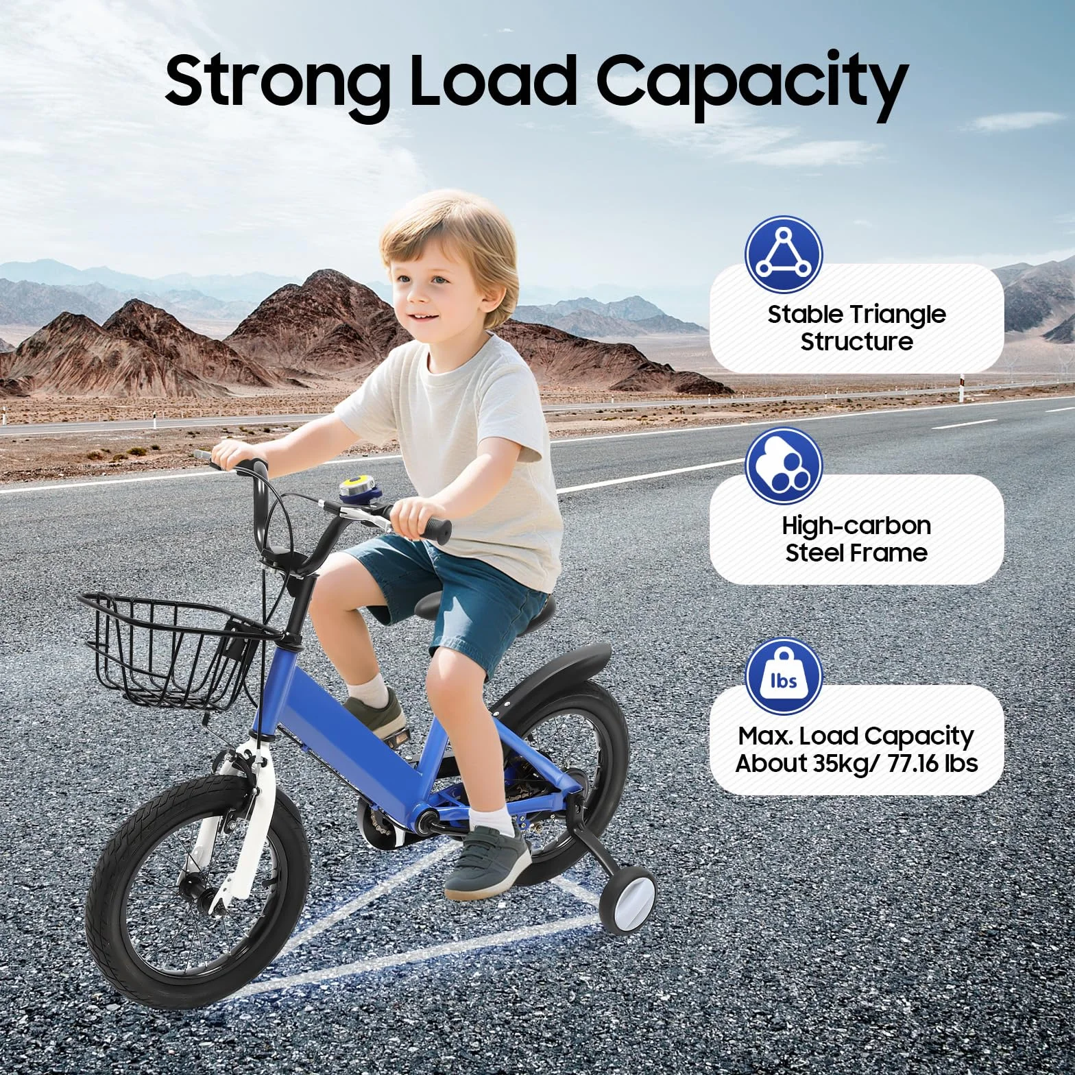 Vélo enfant 14 pouces avec roues stabilisatrices et panier, hauteur réglable, bleu