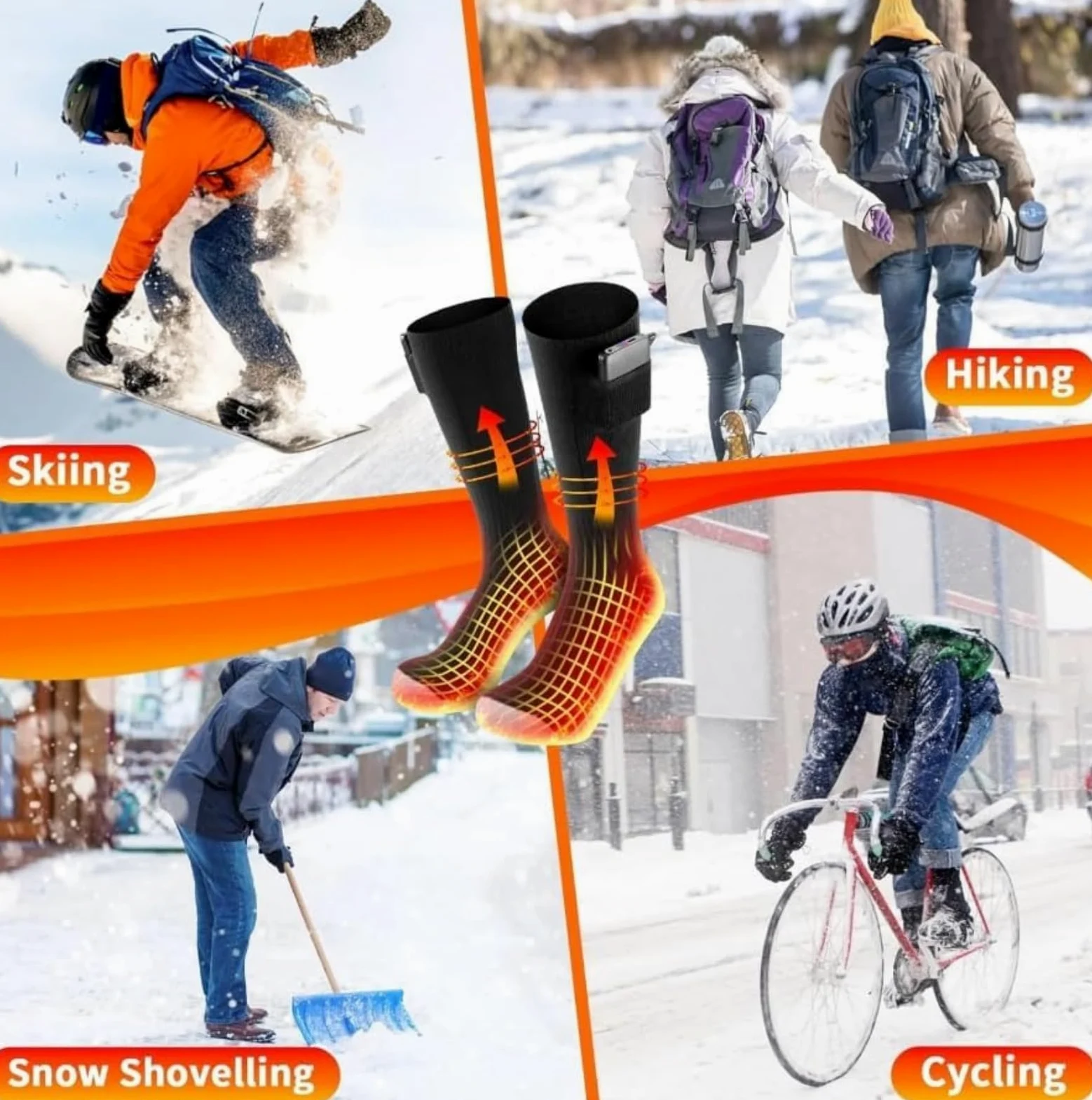 Chaussettes de ski chauffantes électriques – 4 niveaux de température rechargeables double couche thermiques pour homme et femme