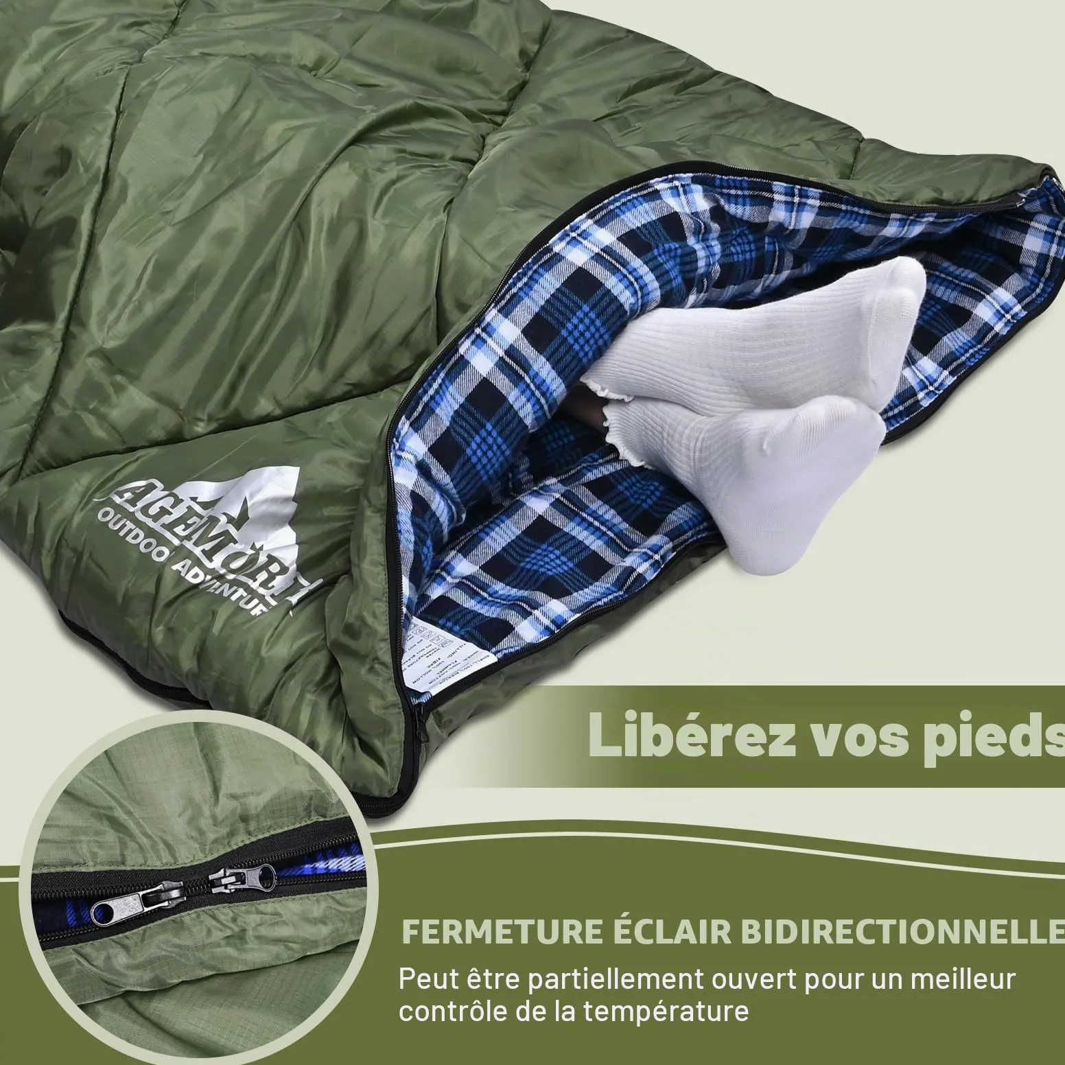 Sac de couchage en flanelle de coton avec capuche doublée en polaire, sac de couchage imperméable XL pour adultes, sac de couchage par temps froid, pour camping, randonnée ou randonnée, 3 à 4