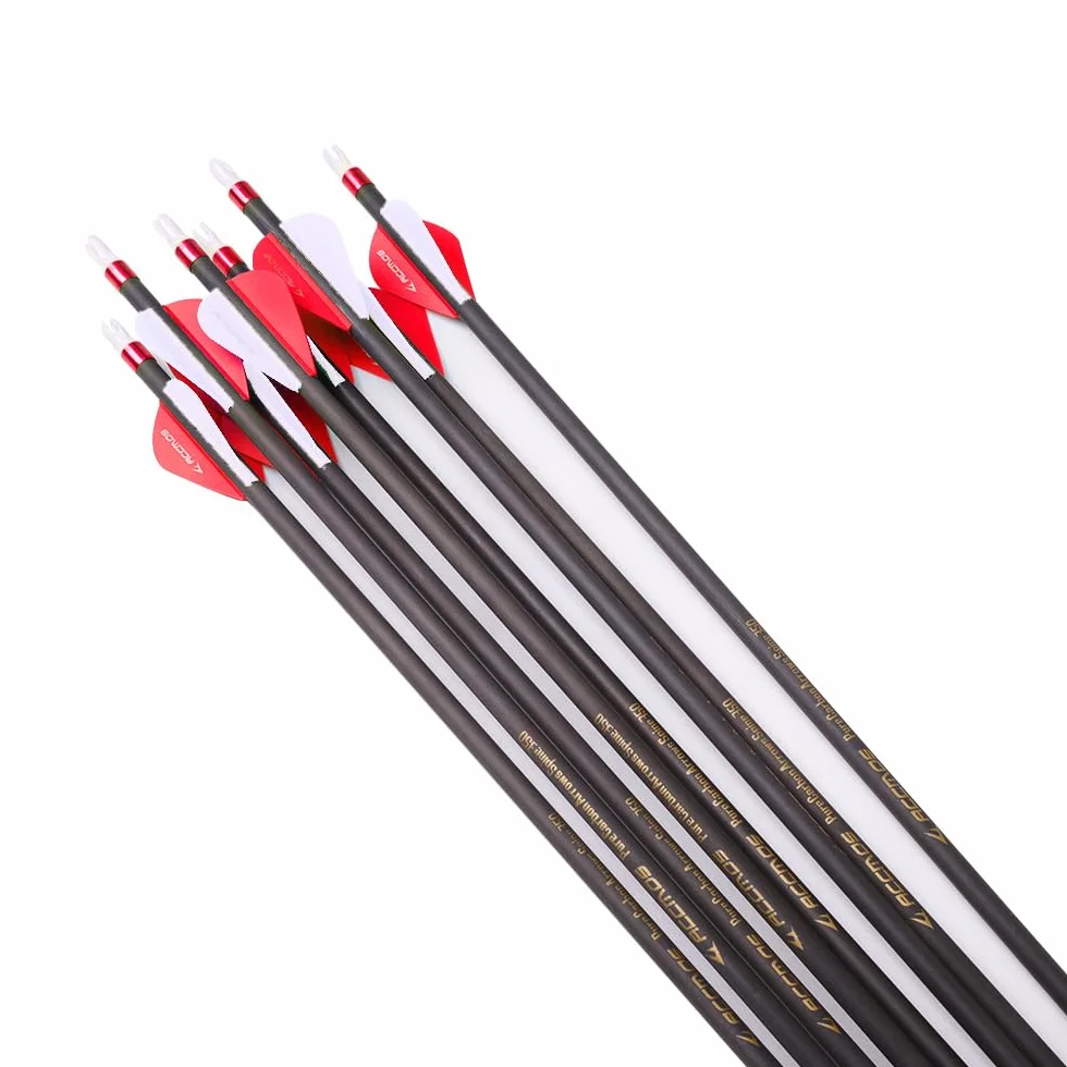 Flèches en Carbone Longueur Personnalisée 300-800 Spine Pointe Amovible 2" Plume Plastique pour Arc Recurve Arc à Poulies Tir à l’Arc