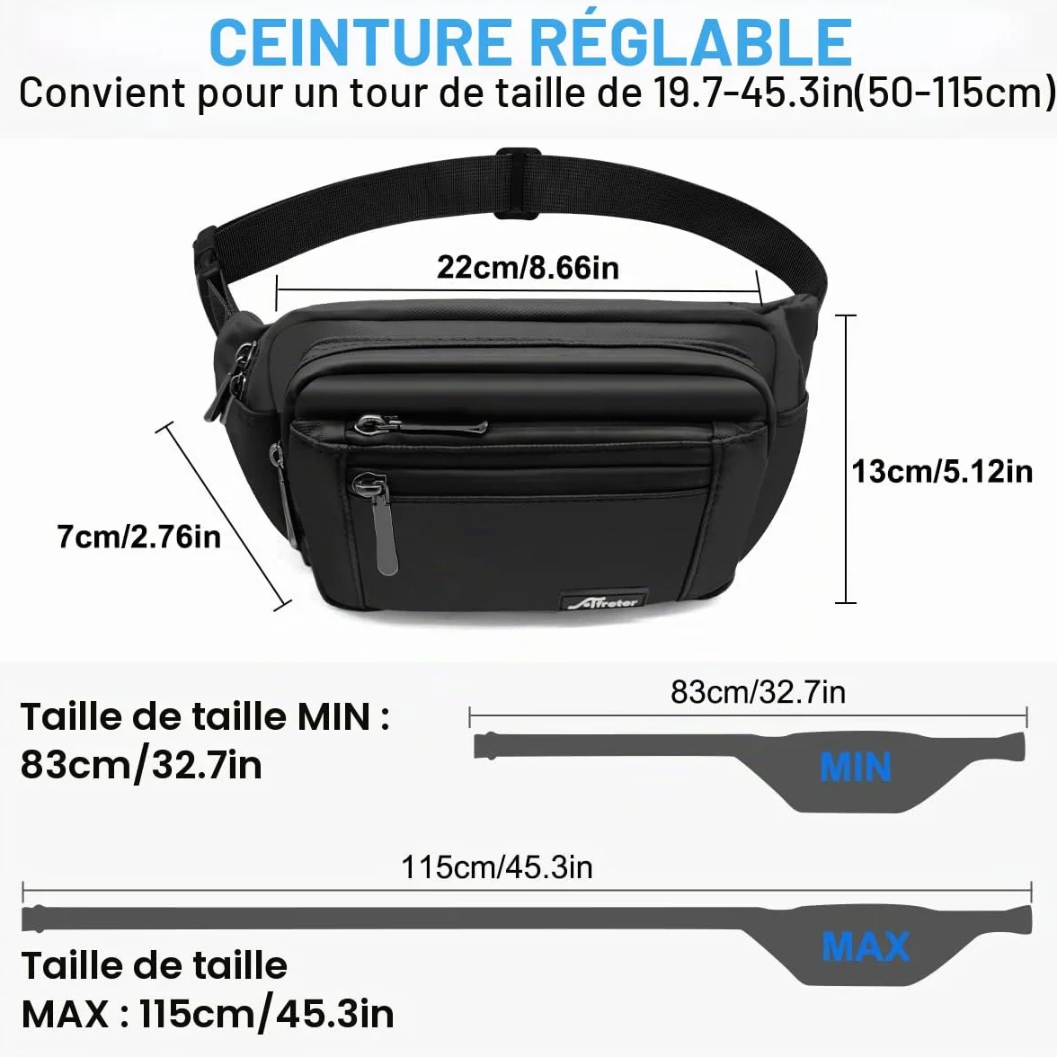 HNOOM Sac Banane Imperméable Homme Femme avec 5 Poches Sangle Réglable Grande Capacité Noir