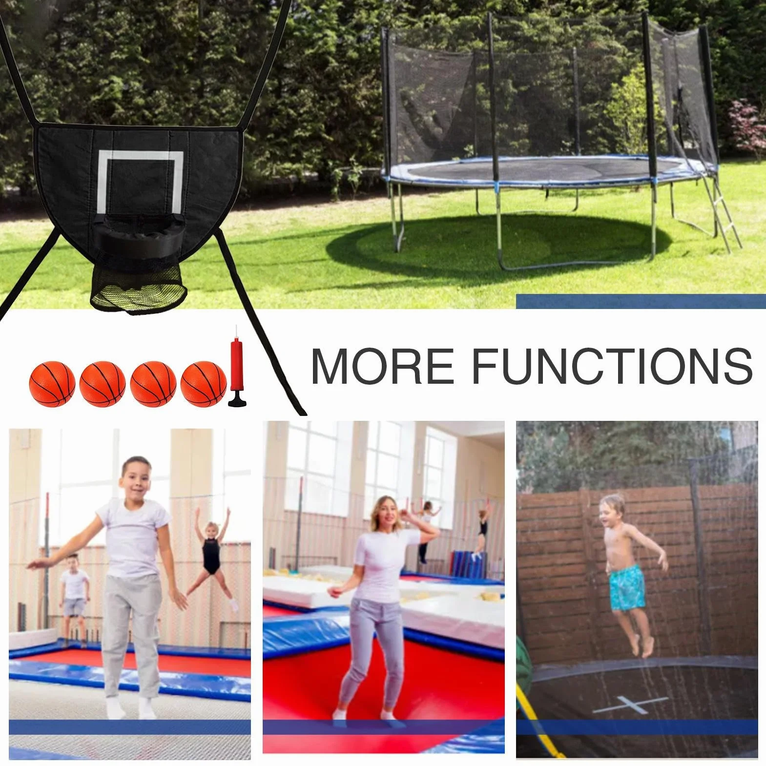 Panier de Basket-Ball pour Trampoline avec Filet, 4 Balles et Pompe, Filet Amovible pour Sports d'Intérieur et Plein Air