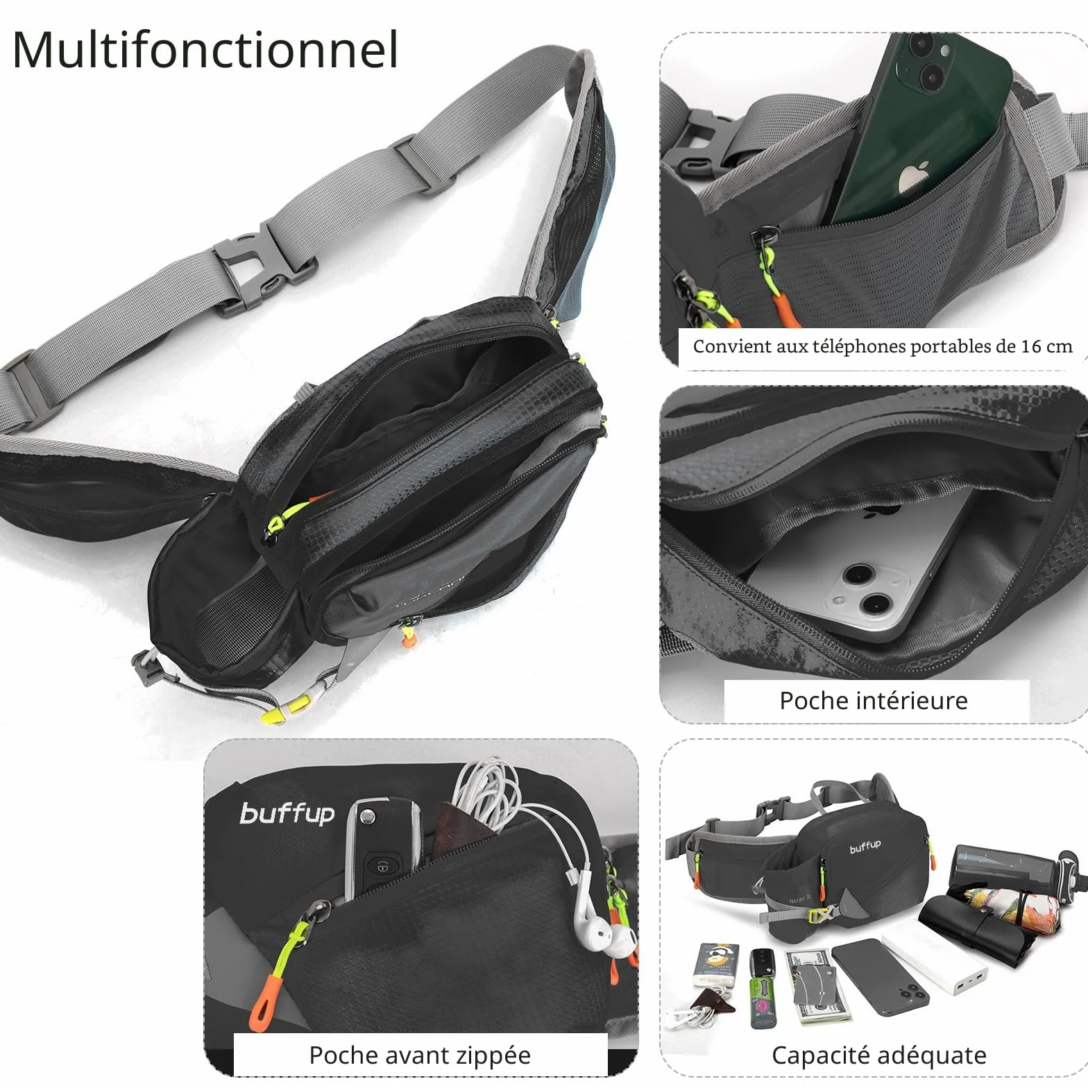 Sac Banane de Randonnée Femme Homme avec Pore Bouteille, Course à Pied, Vélo, Voyage Noir