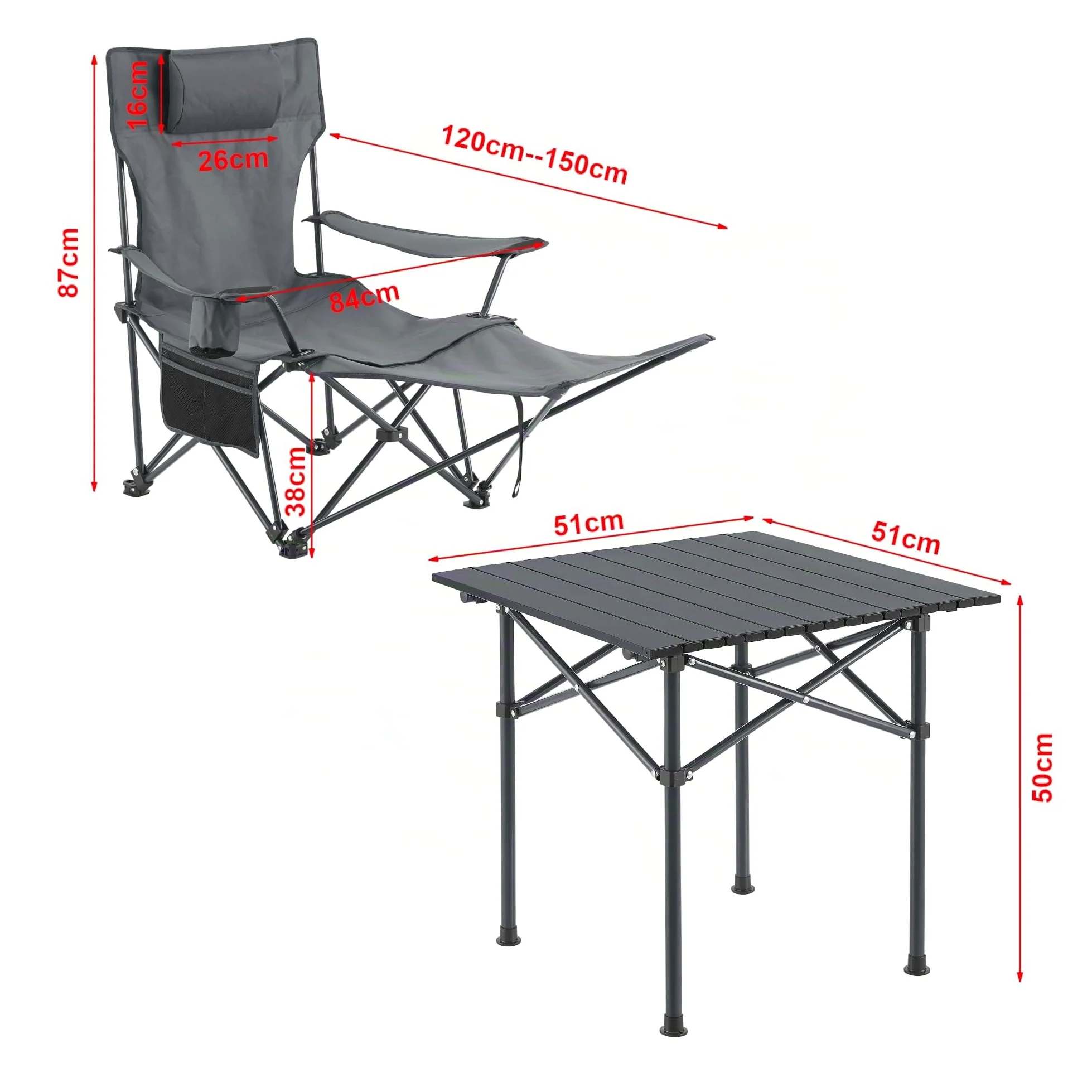 casa.pro Set de Table et 2 Chaises de Camping Pliantes d'Extérieur Siège Confortable avec Dossier Réglable Appuie-Tête Repose-Pieds Porte-Gobelet pour Festival Pêche Pique-Nique Plage Acier Gris