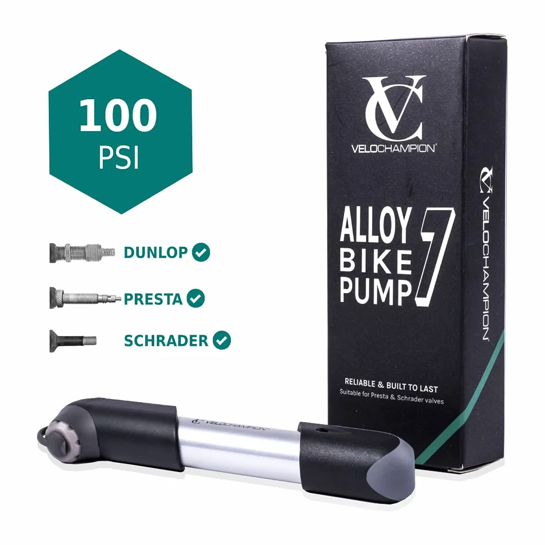 Mini Pompe à Vélo VeloChampion 100 PSI Portable pour Vélos Route, Hybrides et e-Bikes avec Valves Presta, Schrader, Dunlop