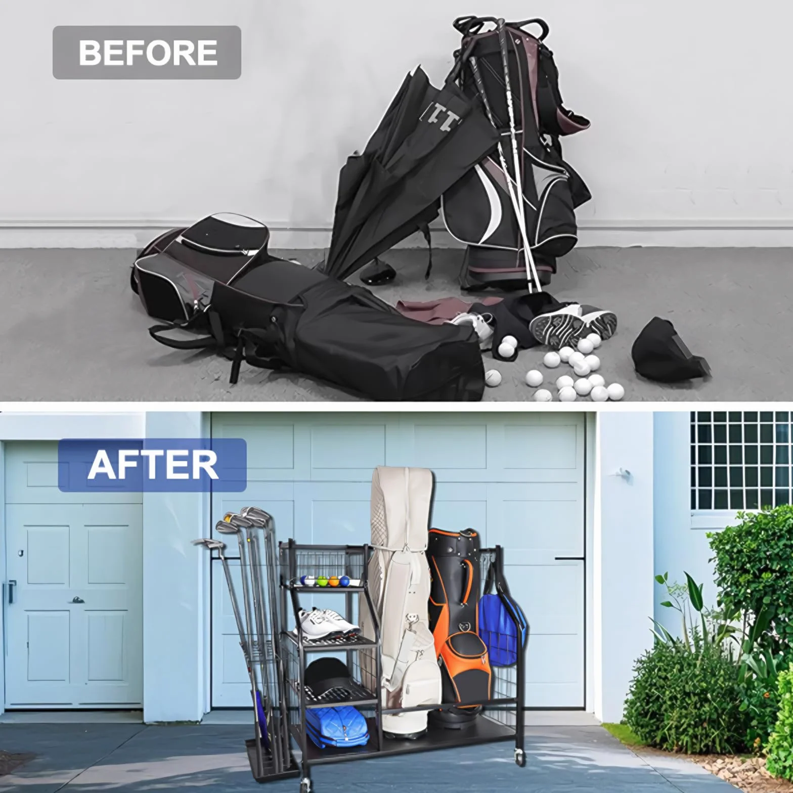 Support de rangement pour sacs de golf avec roues verrouillables