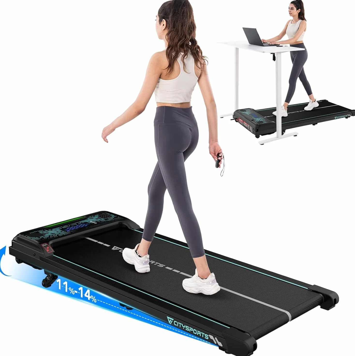 CITYSPORTS Tapis de Course Électrique Inclinable 11-14%, 1-6 km/h, Écran LED, Télécommande