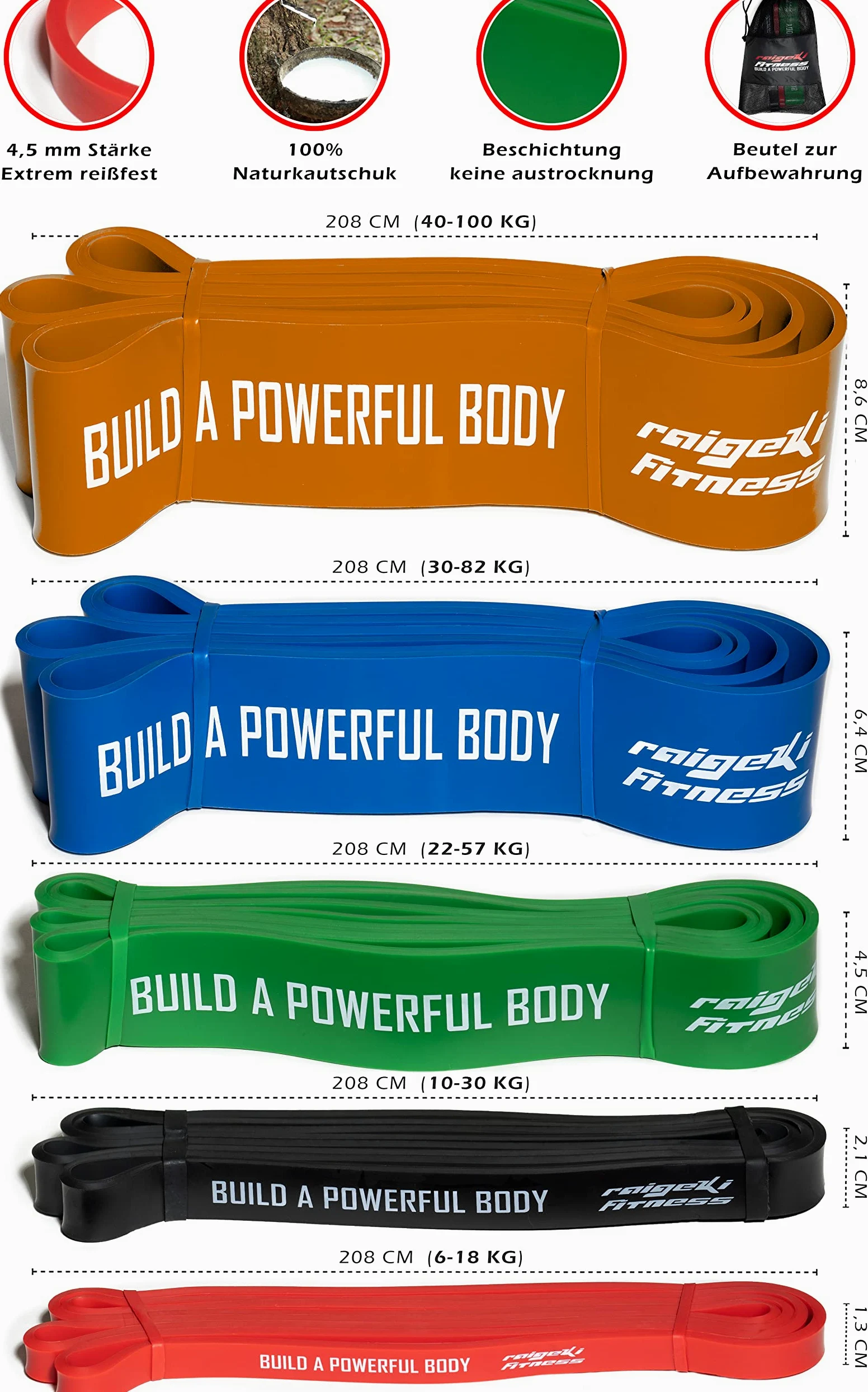 Raigeki Bandes élastiques de résistance de fitness (+ plans d'entraînement) [individuellement et ensemble] Bandes de résistance longues bandes de fitness pour sports de force – Bande de fitness Bandes