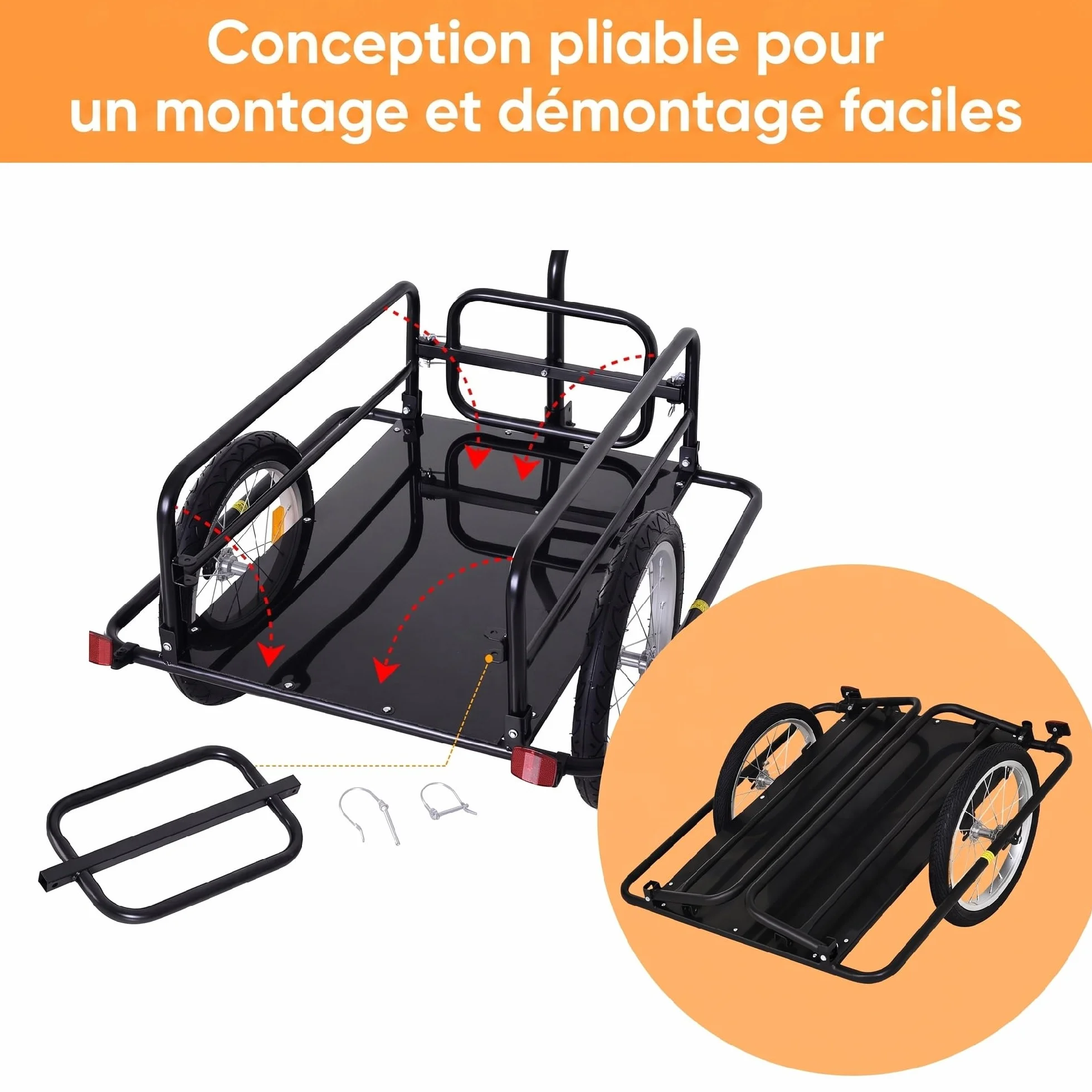 Remorque vélo pliable barre d'attelage universelle acier noir