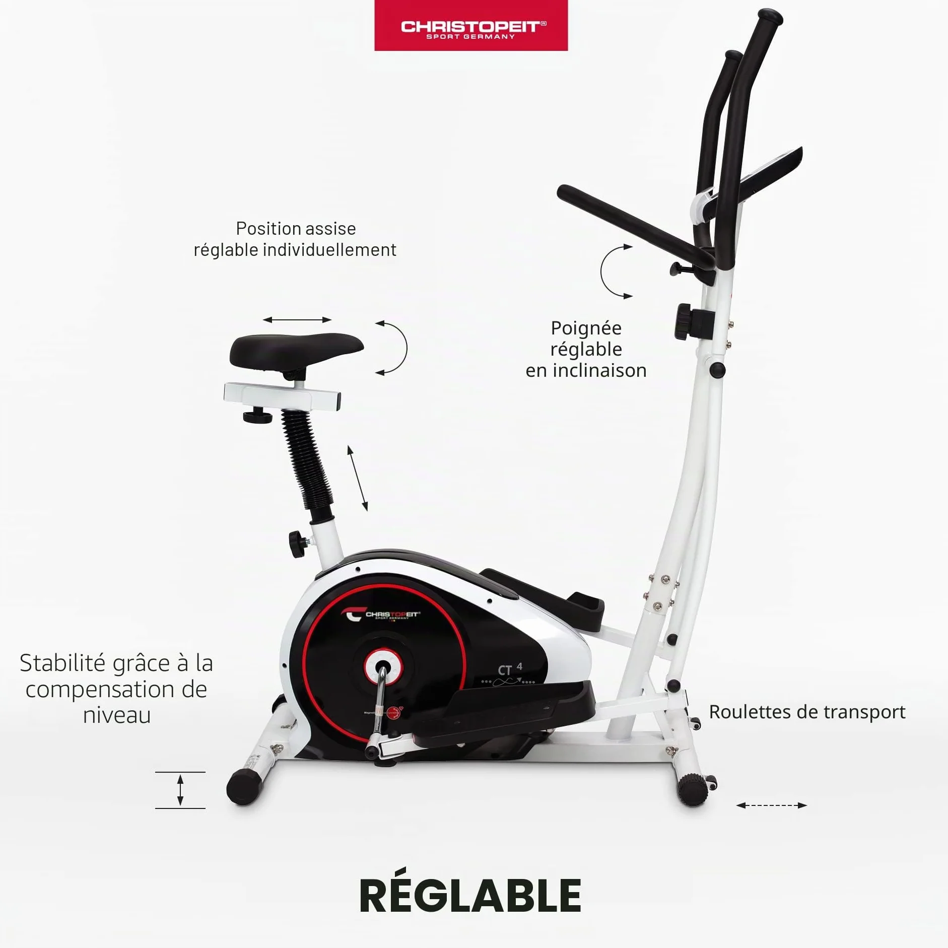 Christopeit Vélo elliptique et vélo d'appartement 2 en 1 CT 4 avec frein magnétique 7 kg et 8 niveaux de résistance