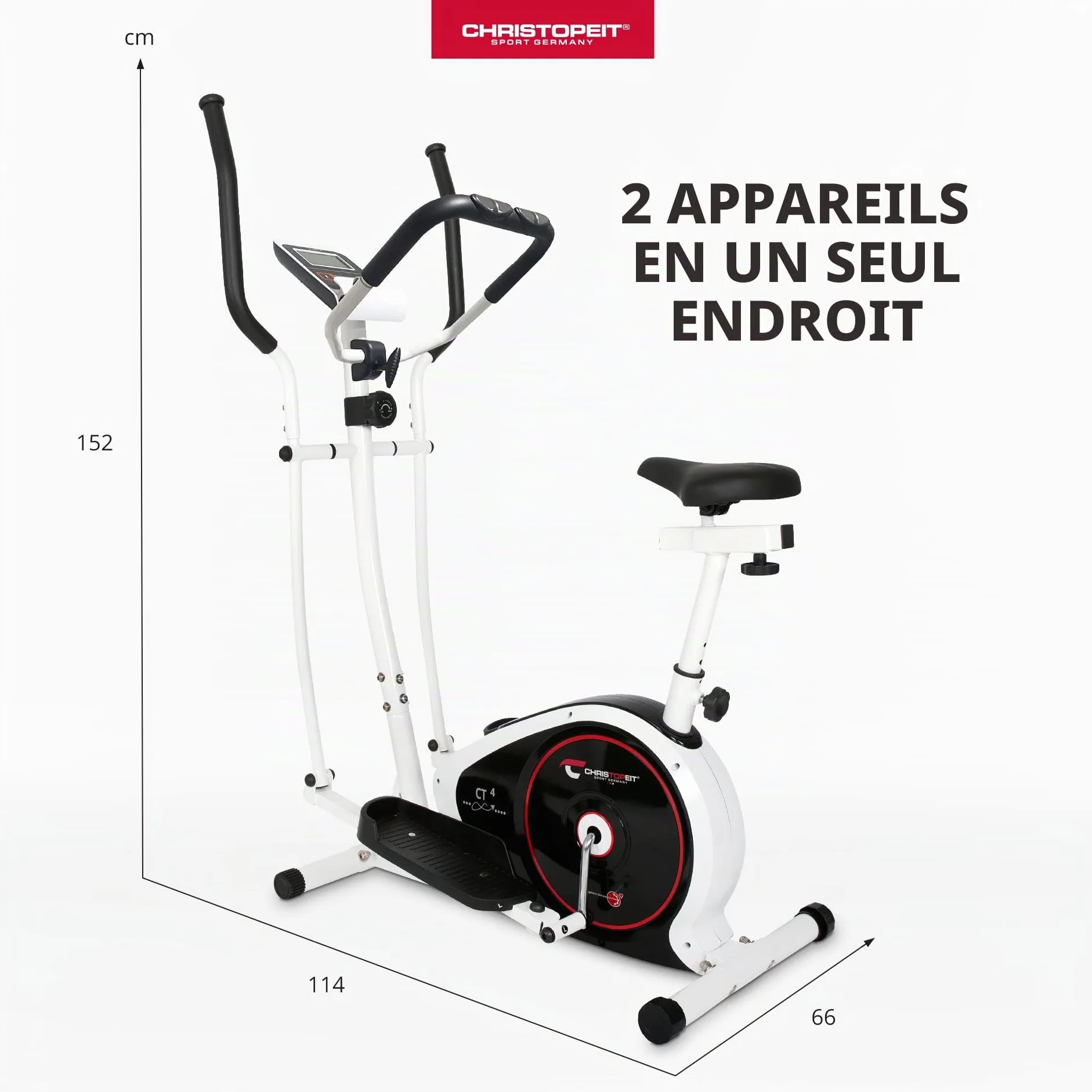 Christopeit Vélo elliptique et vélo d'appartement 2 en 1 CT 4 avec frein magnétique 7 kg et 8 niveaux de résistance
