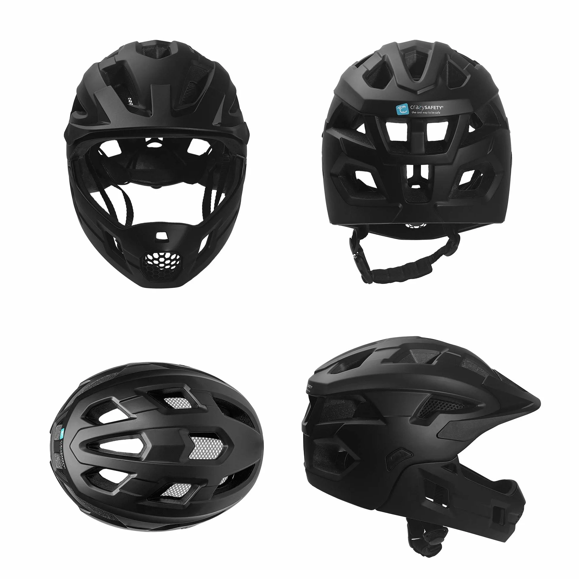 Crazy Safety Casque Vélo Intégral Noir Taille M 54-57 cm 2-en-1 avec mentonnière Amovible pour VTT BMX Skateboard