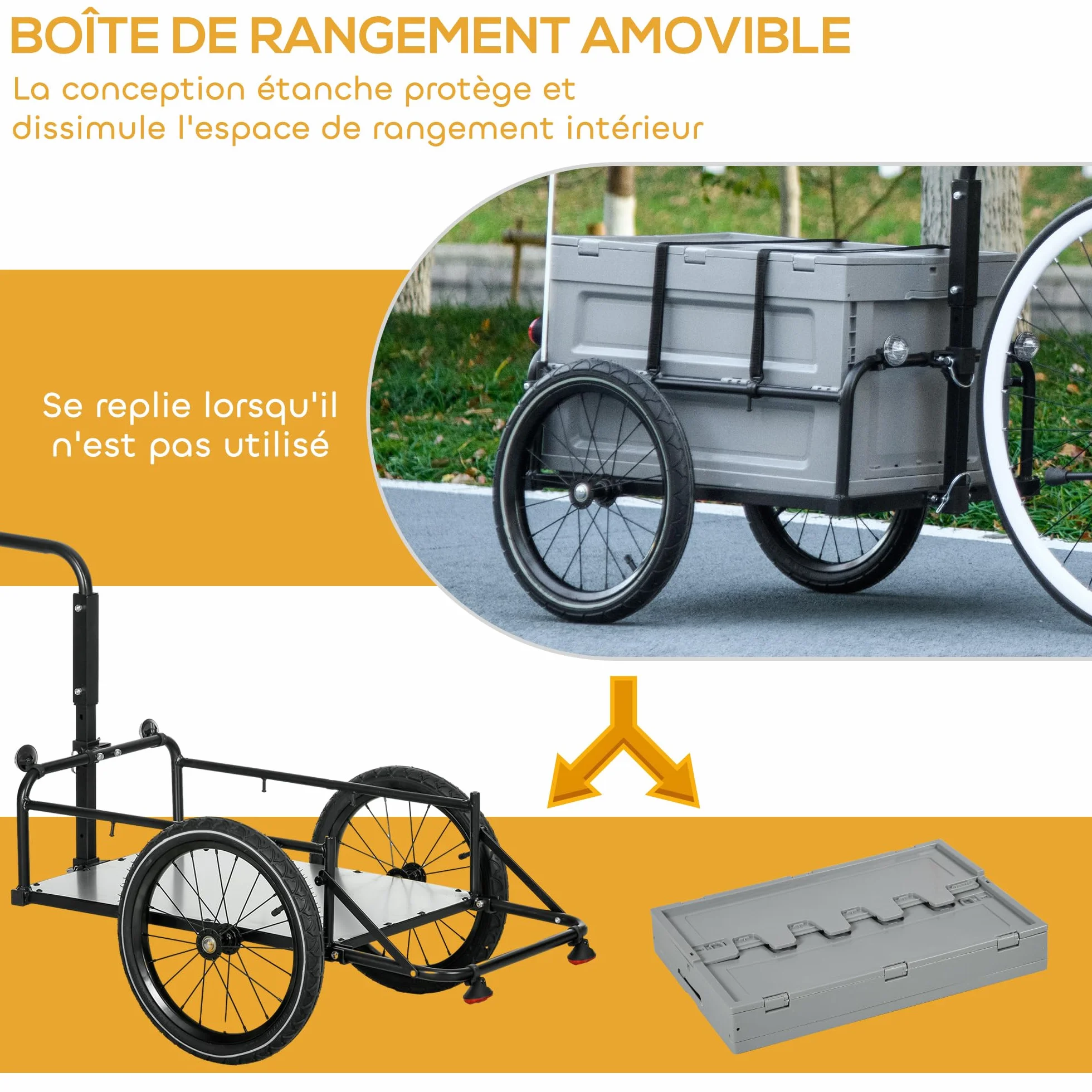 HOMCOM Remorque Chariot à vélo 65L Pliable avec Coffre Amovible, 40KG