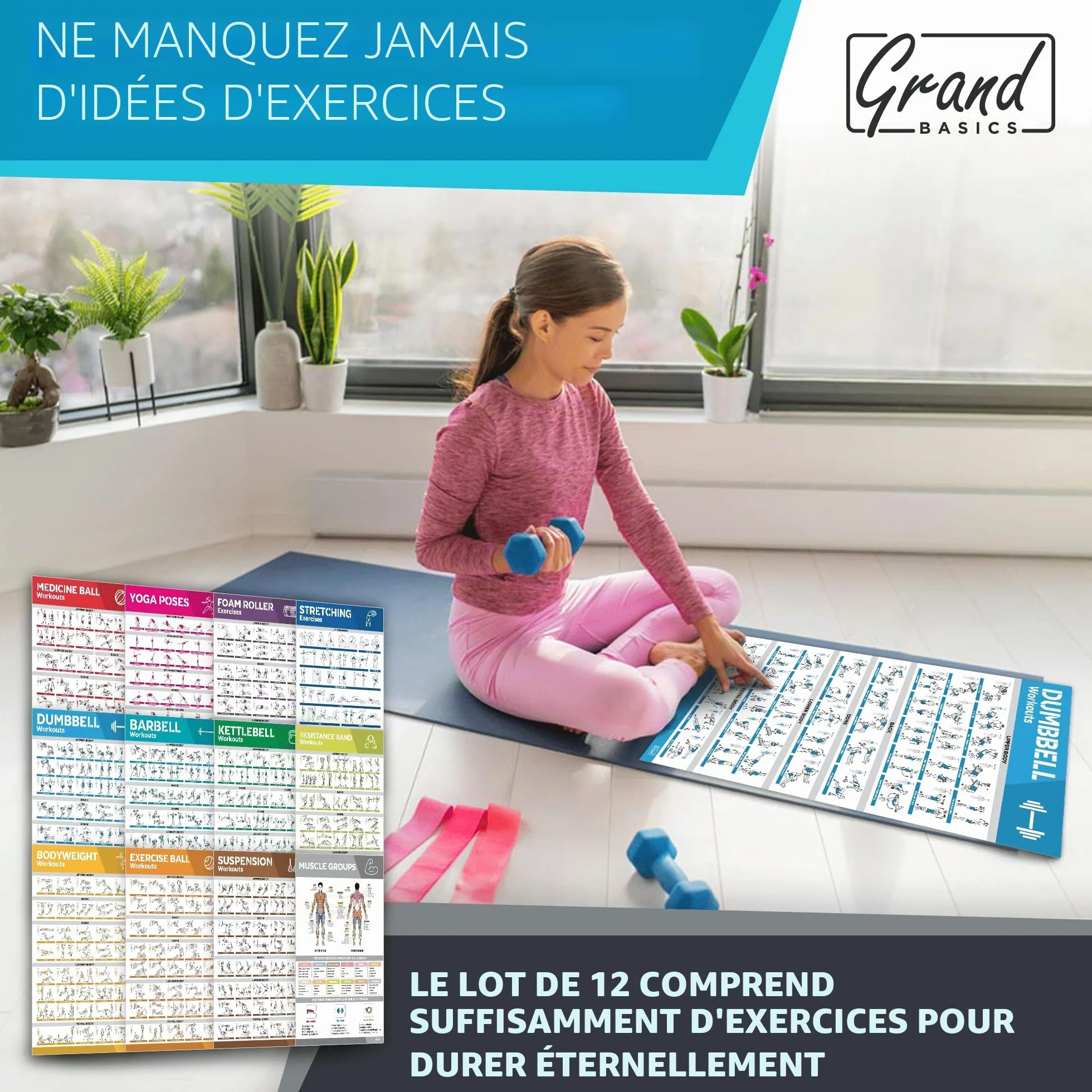 12 grands posters d'entraînement plastifiés pour salle de sport avec haltères, yoga, bande de résistance, kettlebell, étirements