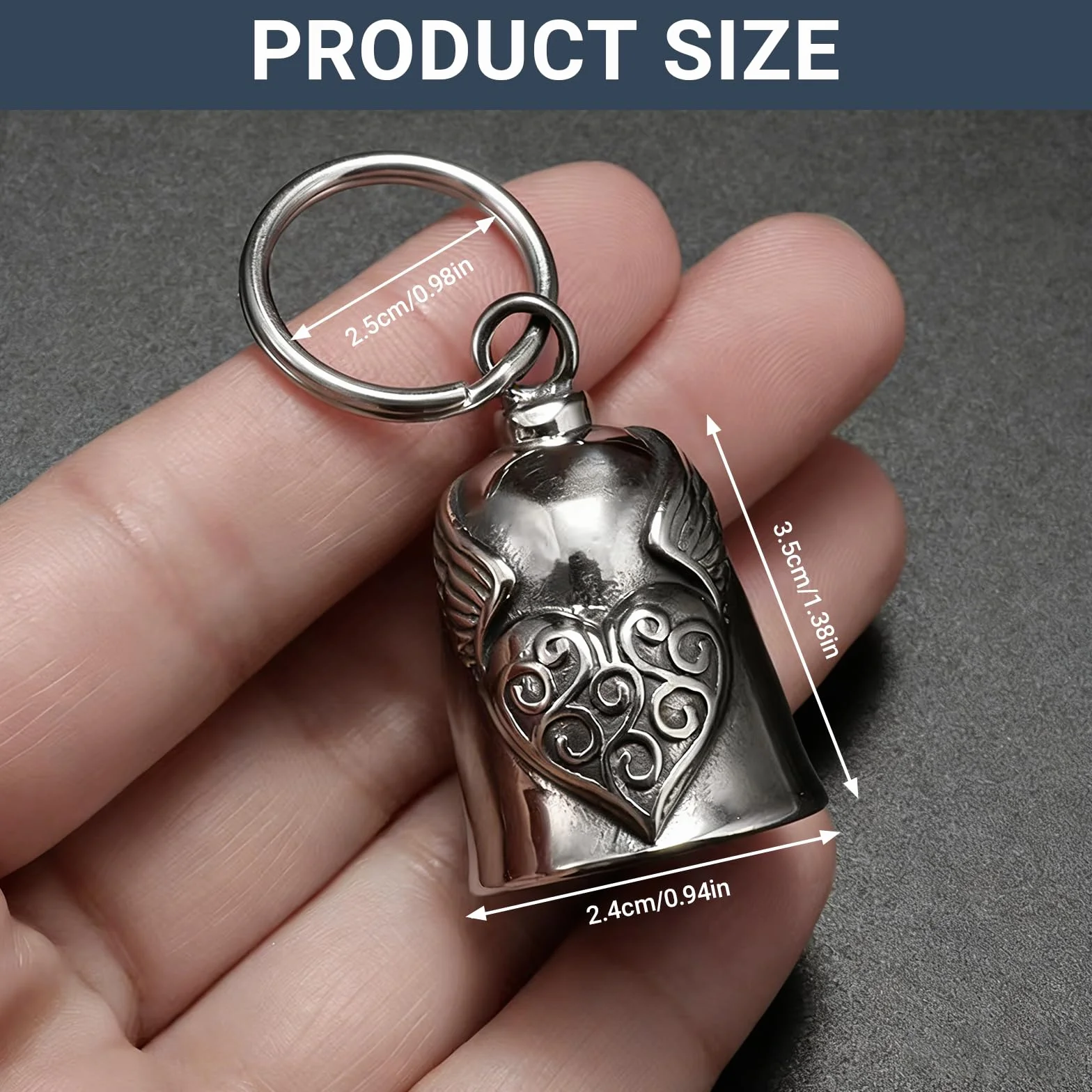 Clochette Moto Guardian Bell Porte-bonheur Ailes de Cœur, Pendentif en Acier Inoxydable pour Motard