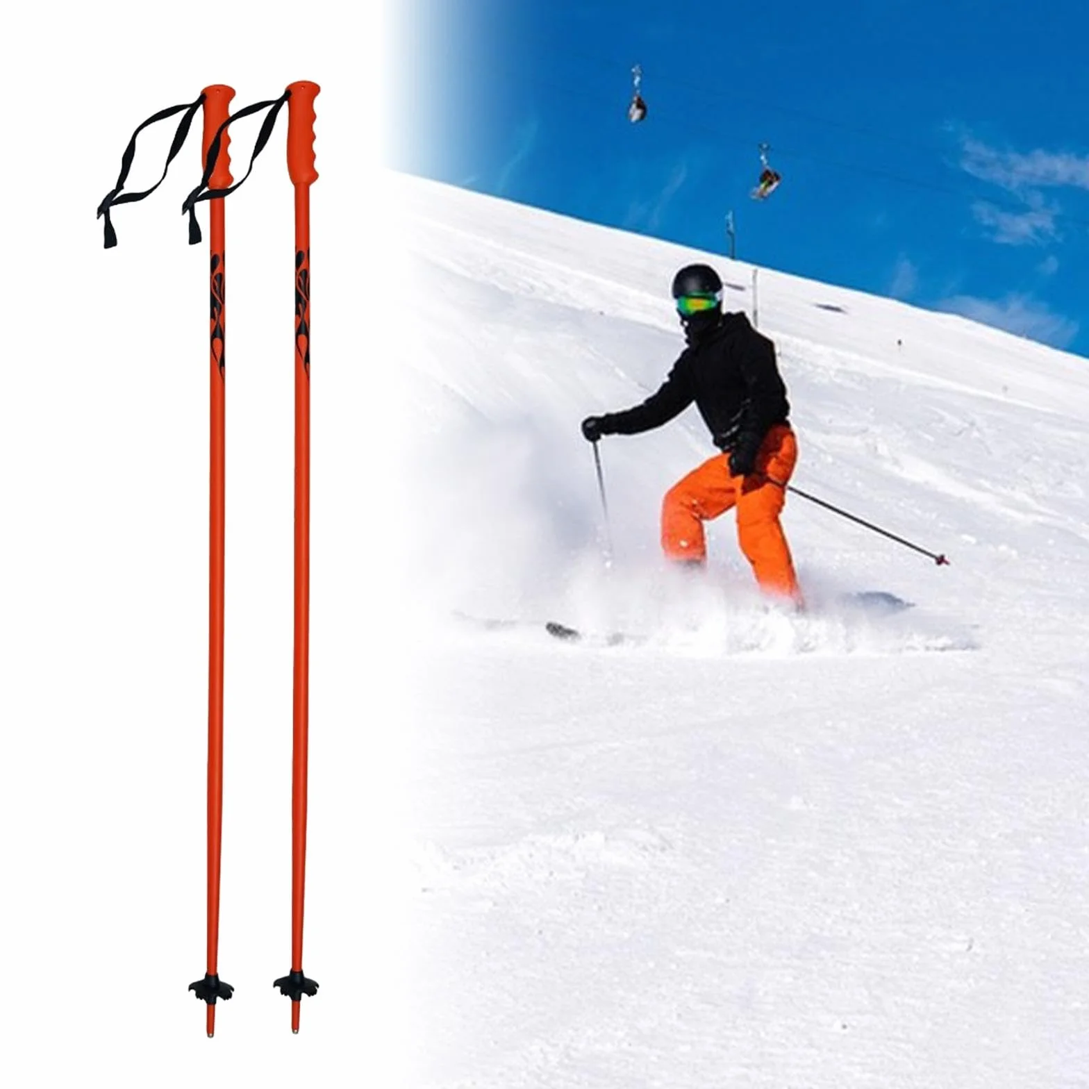 Bâtons de Ski Aluminium Monobloc Lot de 2, Équipement Ski Extérieur Polyvalent, Orange Fluorescent