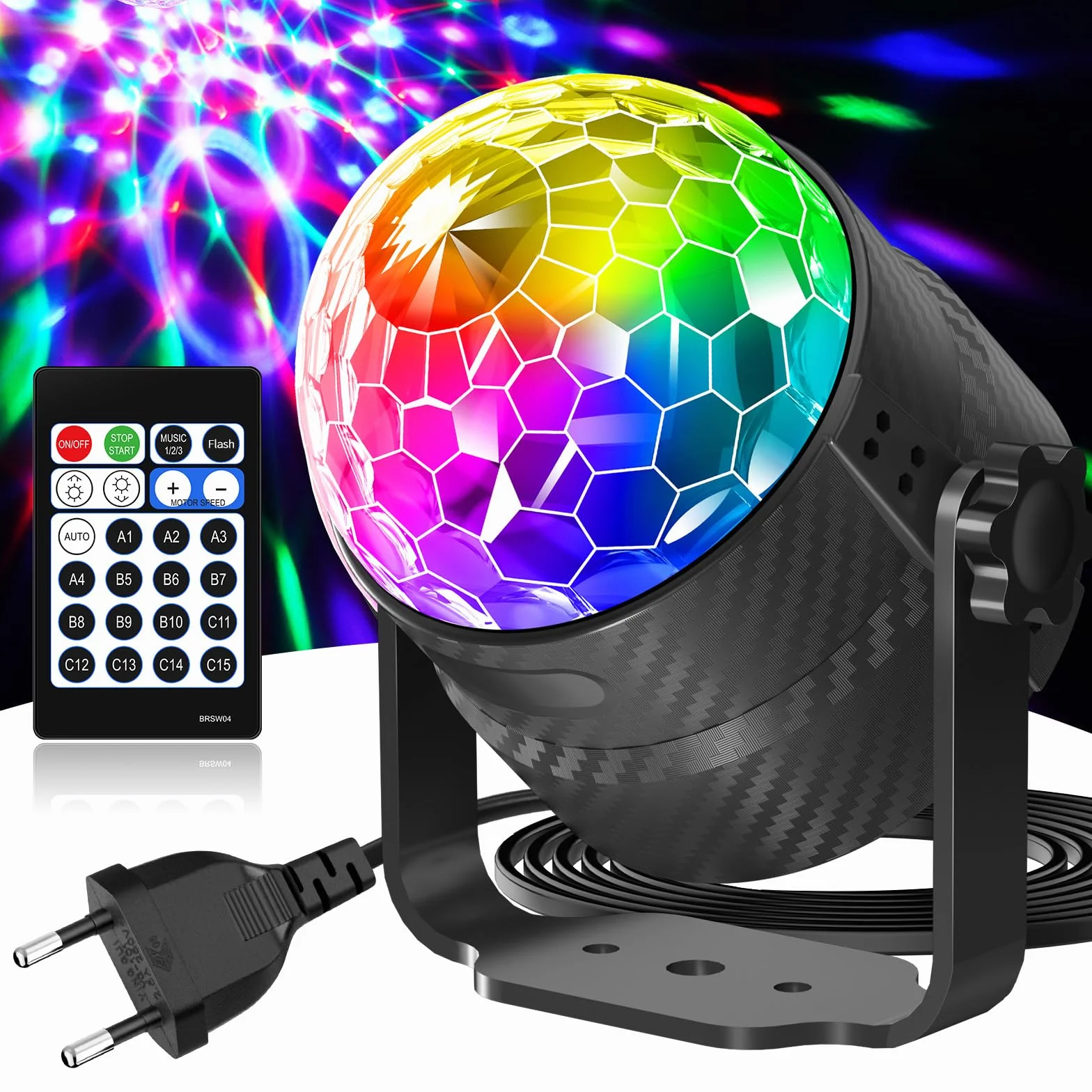 Boule disco 360° rotation contrôlée par musique RGBP 15 couleurs avec télécommande câble 2 mètres