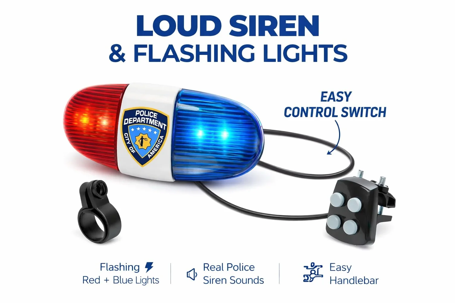 Playmags Lampe de Vélo Enfants avec Sons Sirène LED Rouge/Bleu Clignotantes Étanche 3+