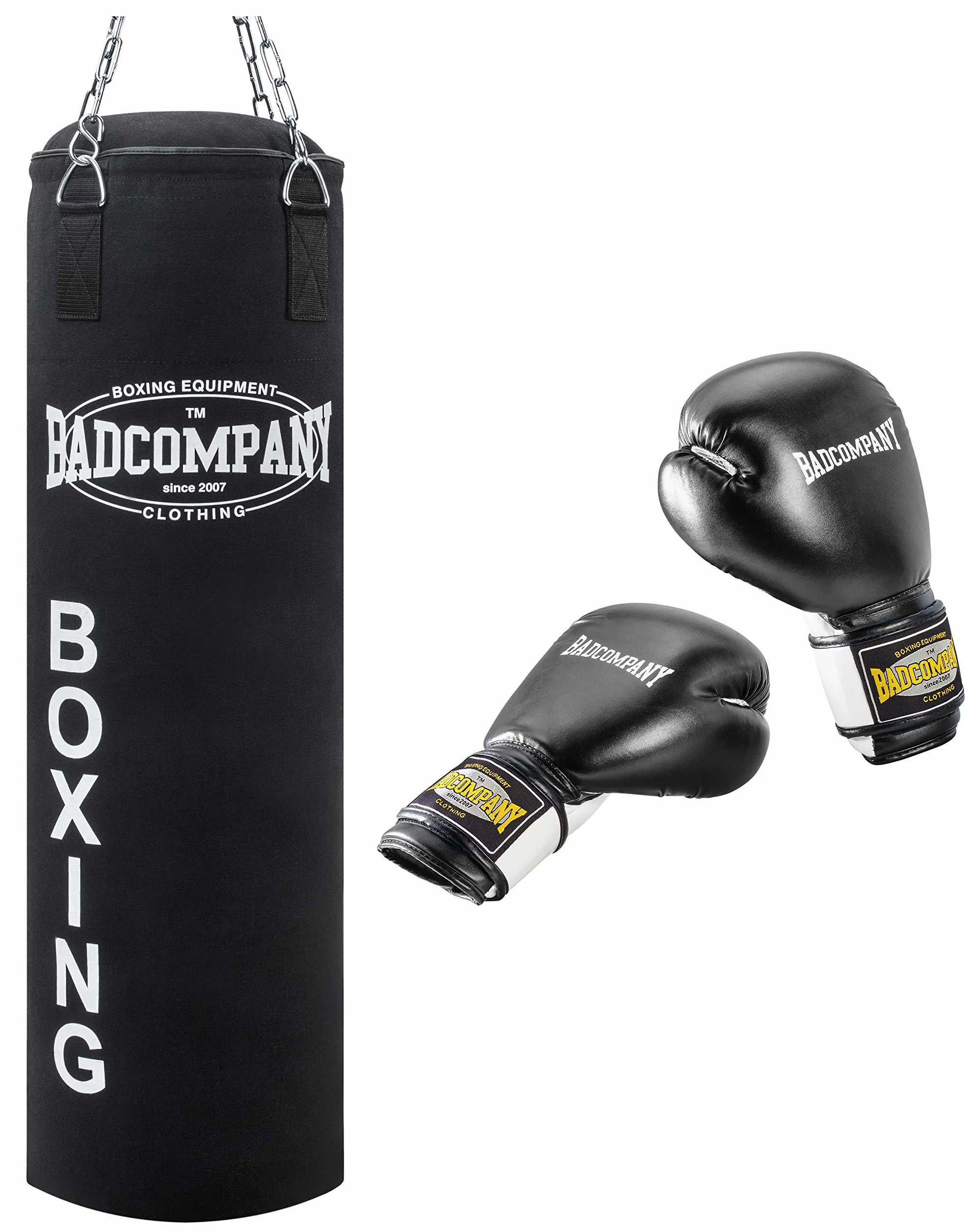 Kit professionnel de boxe avec sac de frappe rembourré en toile 100 X 30 cm, chaîne en acier à quatre points et gants de boxe en polyuréthane "White Tiger"