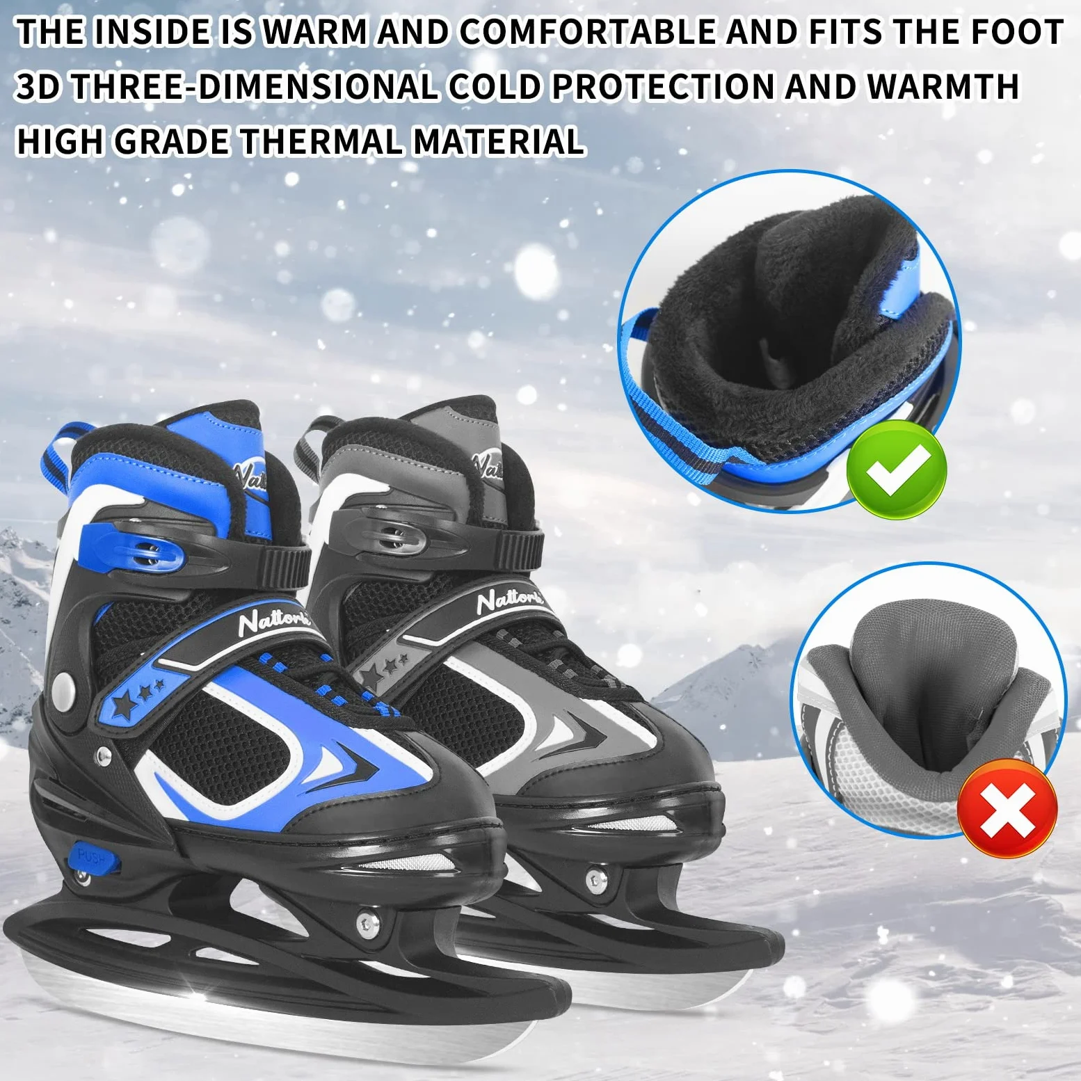 Nattork Patins à glace pour enfants, garçons et filles, patins de hockey à lacets réglables, rembourrage doux et support de cheville renforcé pour débutants