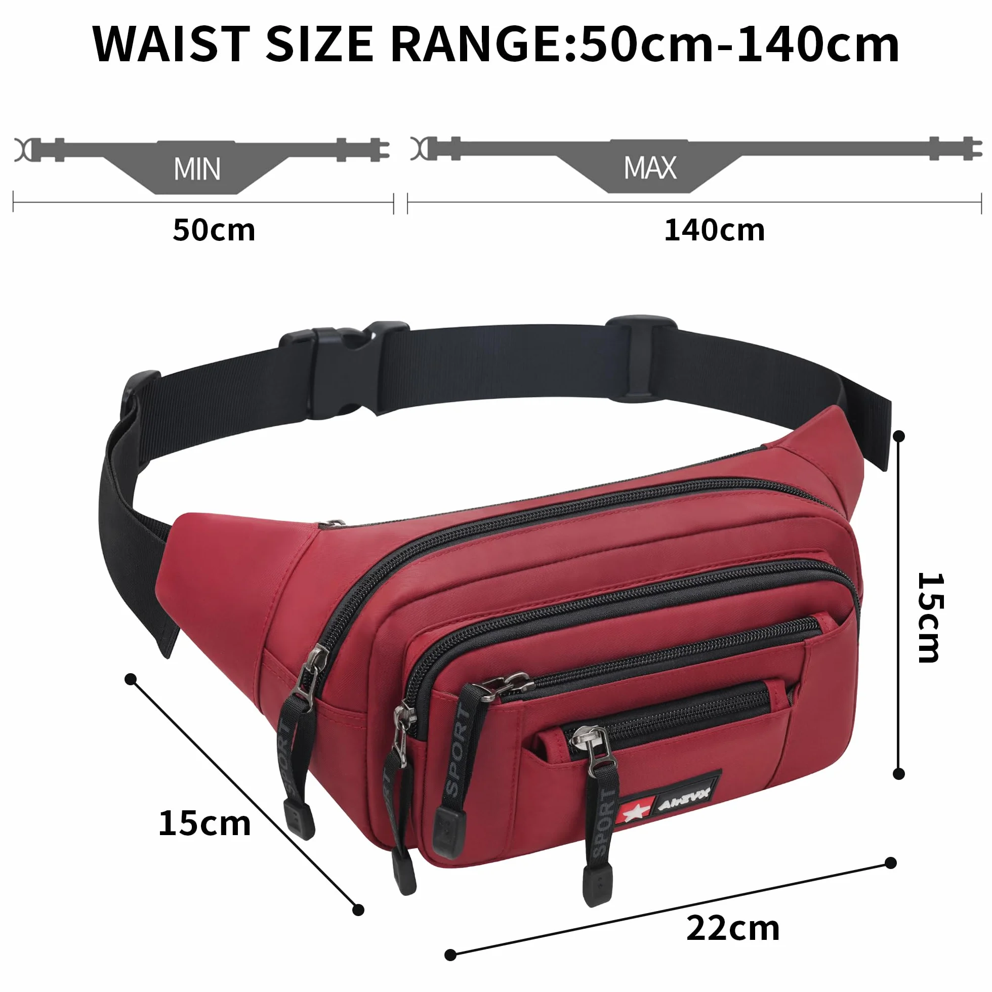 Sac Banane Imperméable Homme Femme Ceinture de Voyage Sport Pochette de Sécurité 6 Poches
