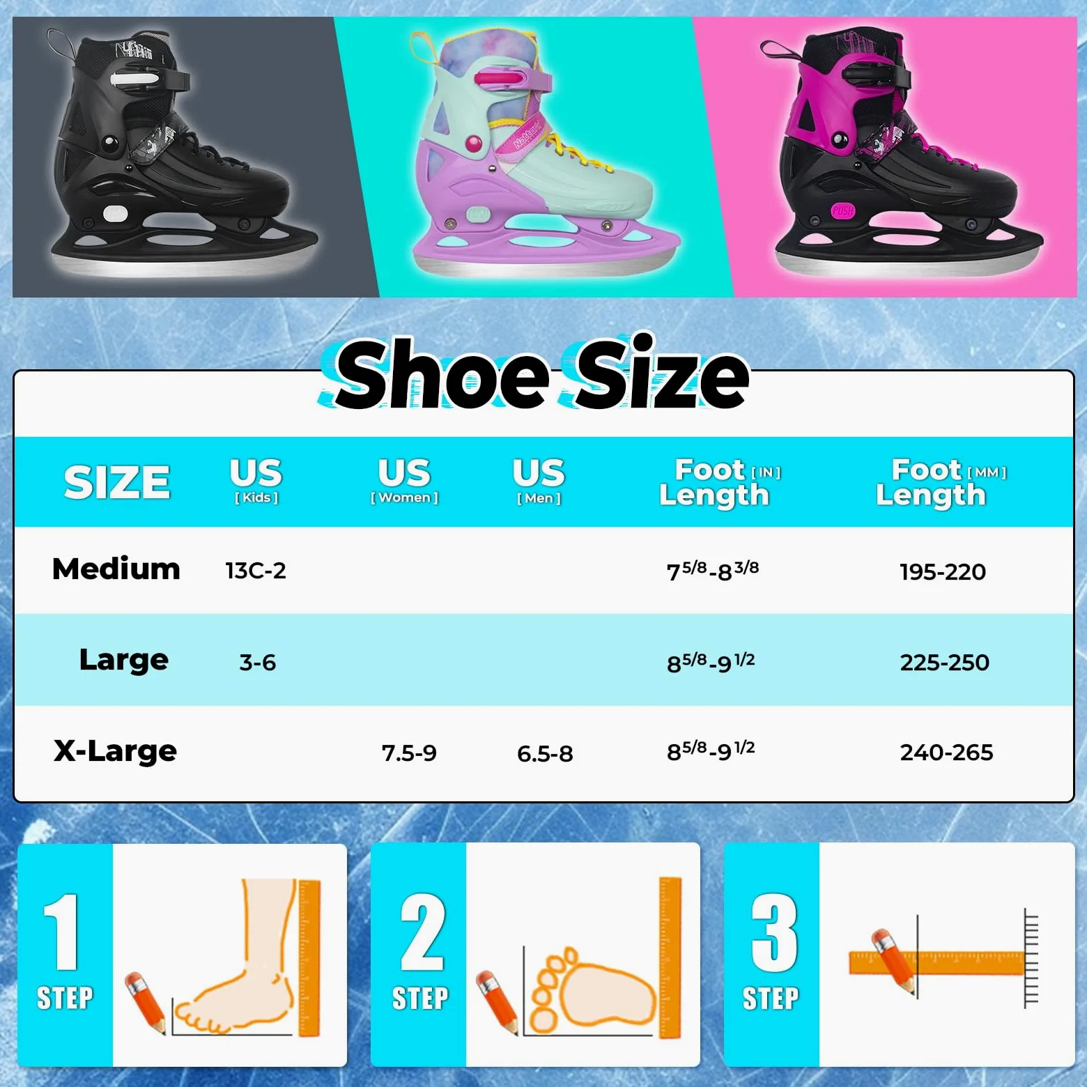 Nattork Patins à glace 4 tailles réglables pour enfants garçons filles, patins à glace amusants pour débutants, pour l'extérieur, protection dure douce et confortable pour les enfants, les adolescents