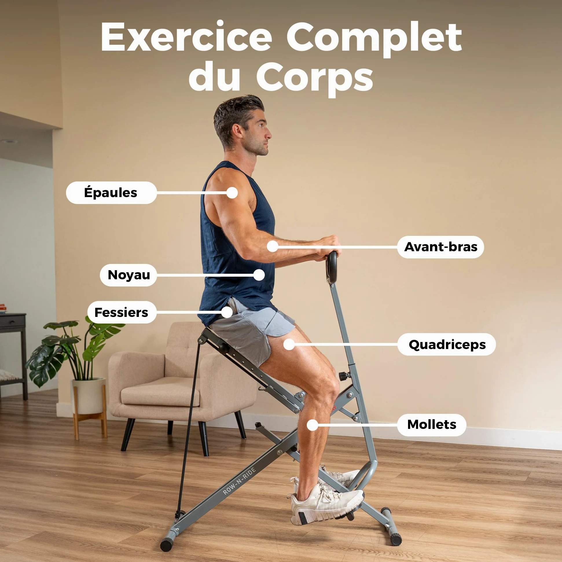 Sunny Health & Fitness Row-N-Ride Connecté Pliable Squat et Rameur | Entraîneur Fessiers et Jambes, 3 Angles de Squat, 4-Résistances, App SunnyFit, 150 kg Charge, Siège et Poignée Réglables