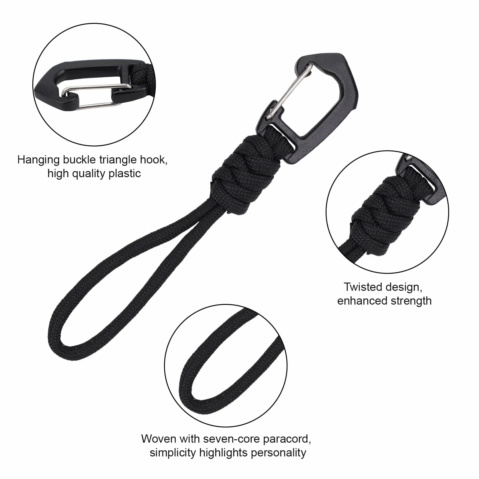 HASLED Porte Clef Mousqueton 8 Pièces 12 CM Noir Paracorde Tressée Main Mousqueton Tactique Voyages Camping Plein Air