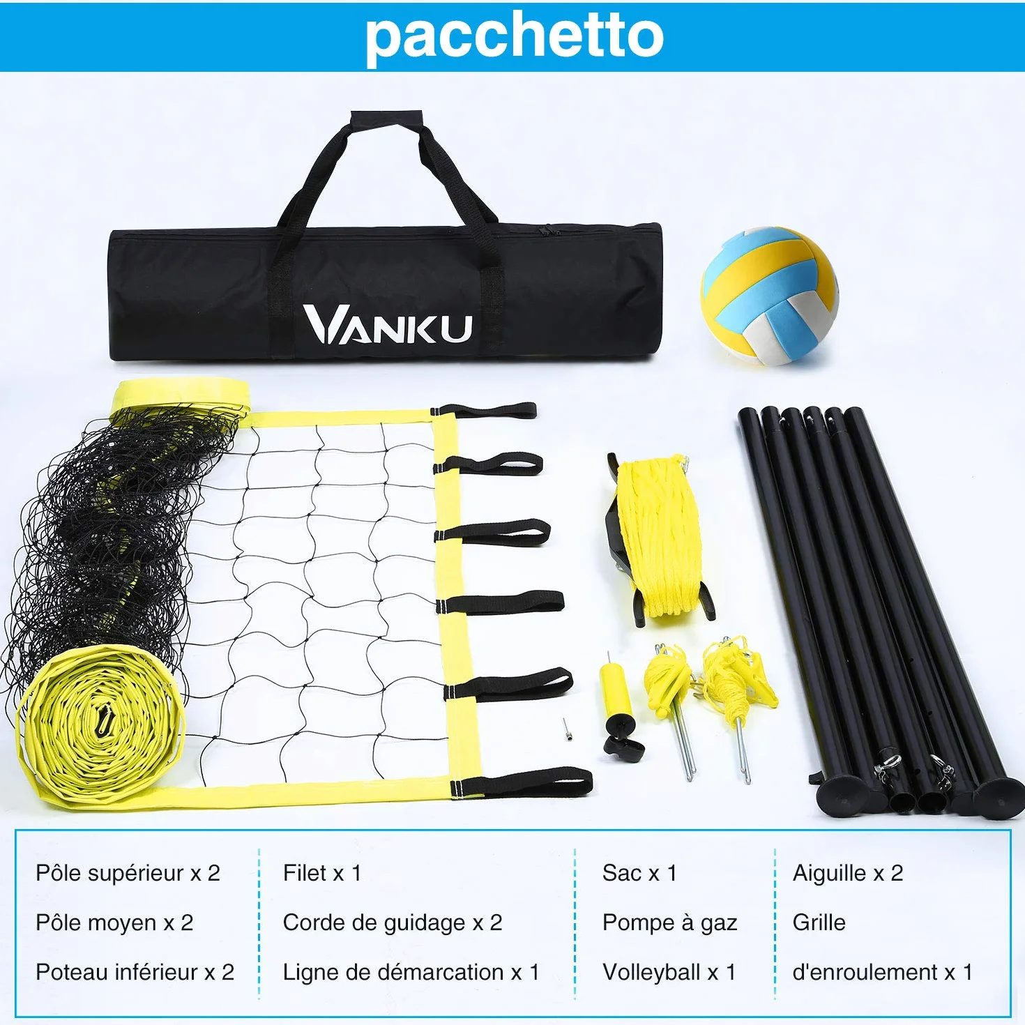 Vanku Filet de Badminton Volley-Ball Tennis Extérieurs Portable Réglable en Hauteur 9.75M x 0.9M