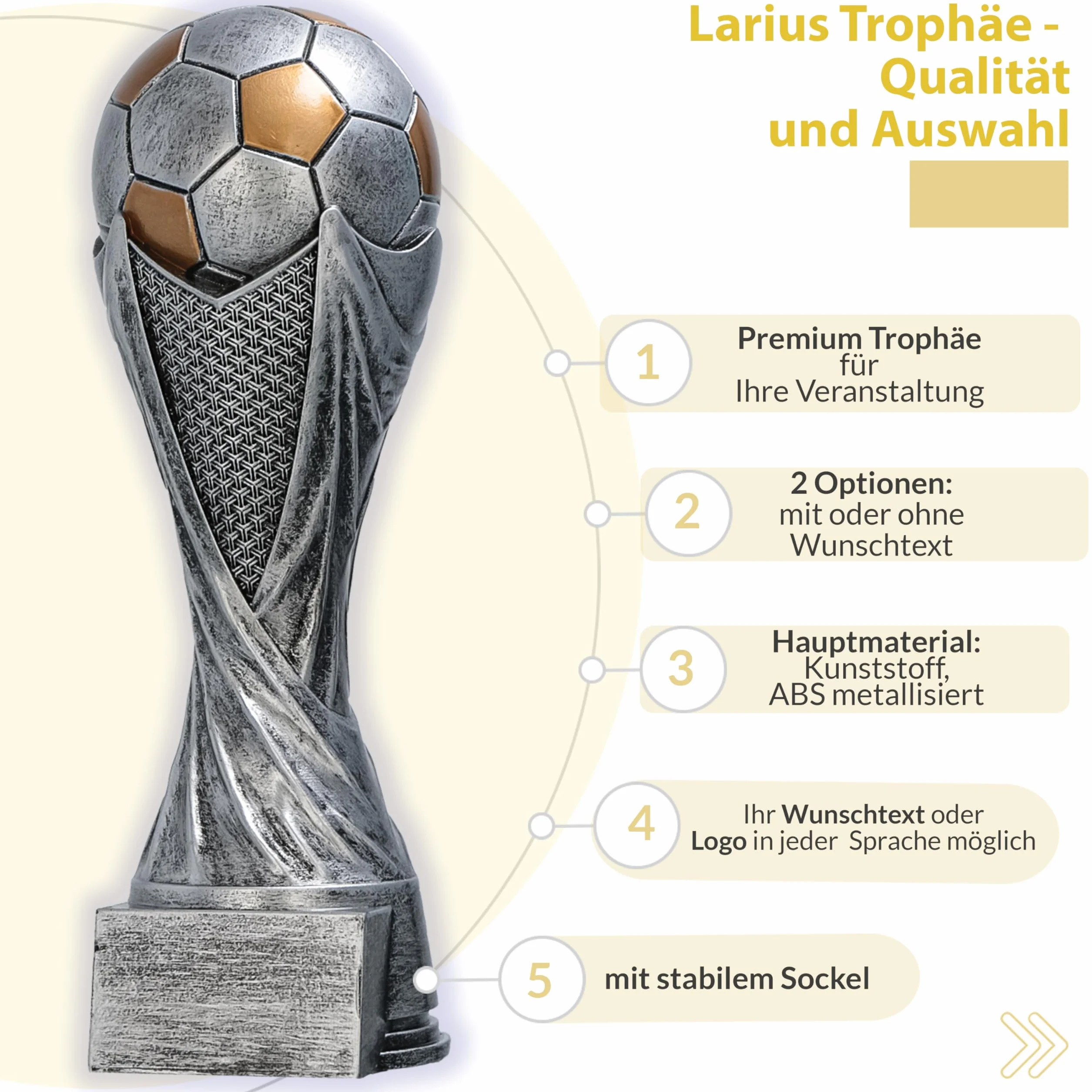 Larius Trophée Football avec Ballon 15–21 cm (300–830 g) – Coupe Lourde en Résine avec Gravure Optionnelle – pour Tournois, MVP, Meilleur Buteur & 1re–3e Place – M5