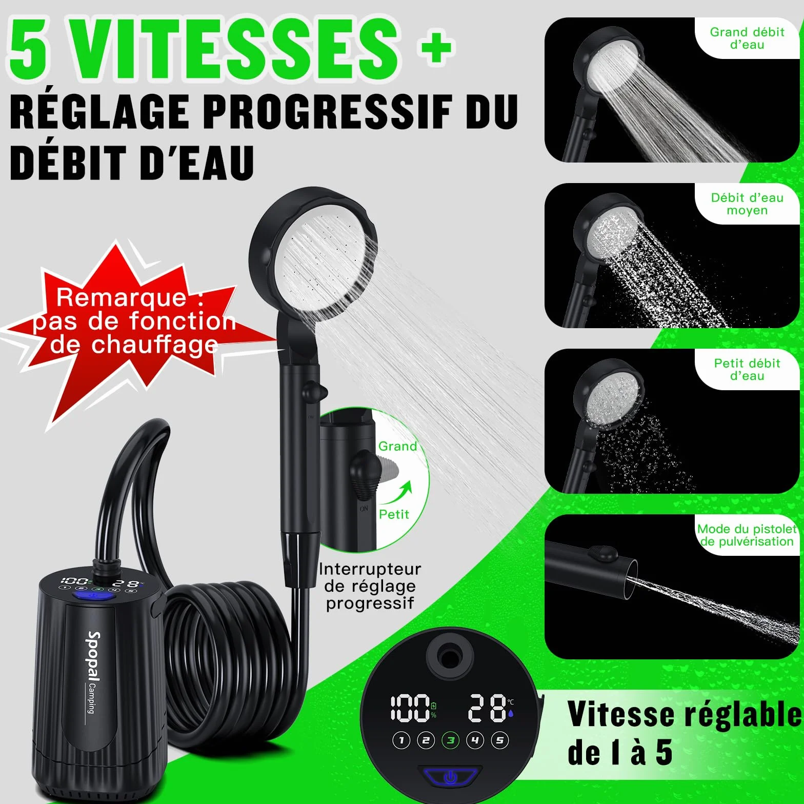 Spopal Douche Portable Camping Rechargeable 10000mAh avec Afficheur Intelligent 5 Vitesses Réglables