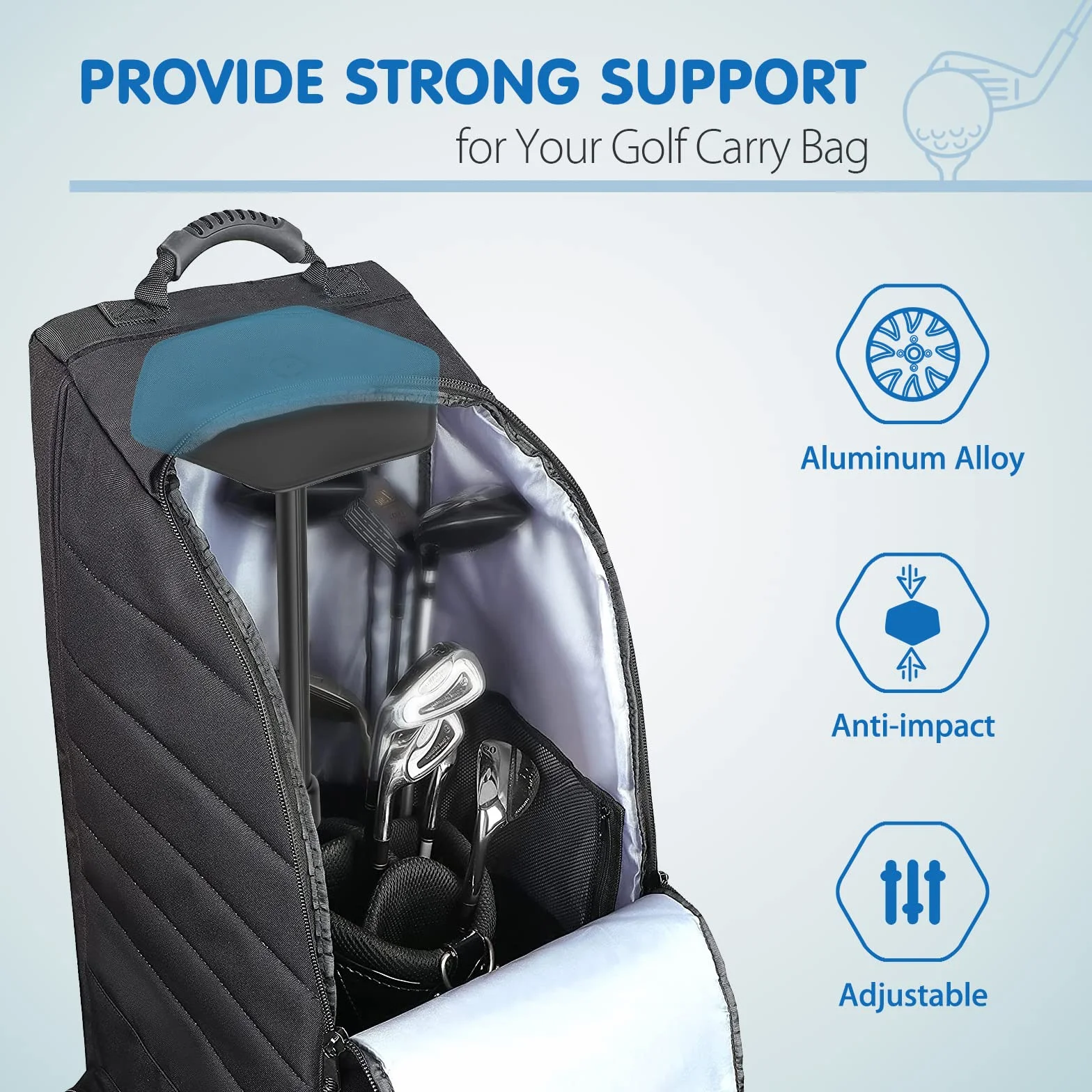 Rhino Valley Support Télescopique de Sac de Golf, Tige de Support de Sac de Voyage Réglable en Alliage d'Aluminium avec Couvercle Supérieur, Accessoire de Sac de Protection de Support de Golf