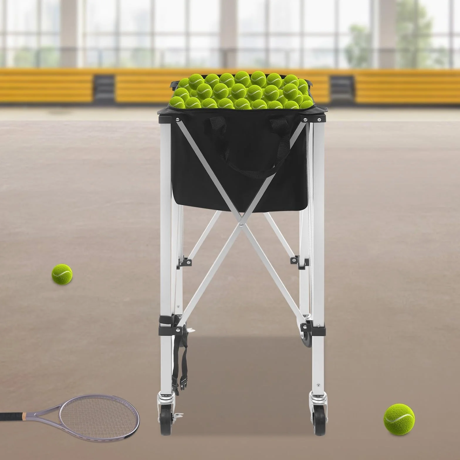 Panier à balles de tennis pliable avec roues pour balles de 150 à 170 balles en aluminium Oxford pour courts de tennis, écoles, parcs à la maison, avec poignée de transport pratique