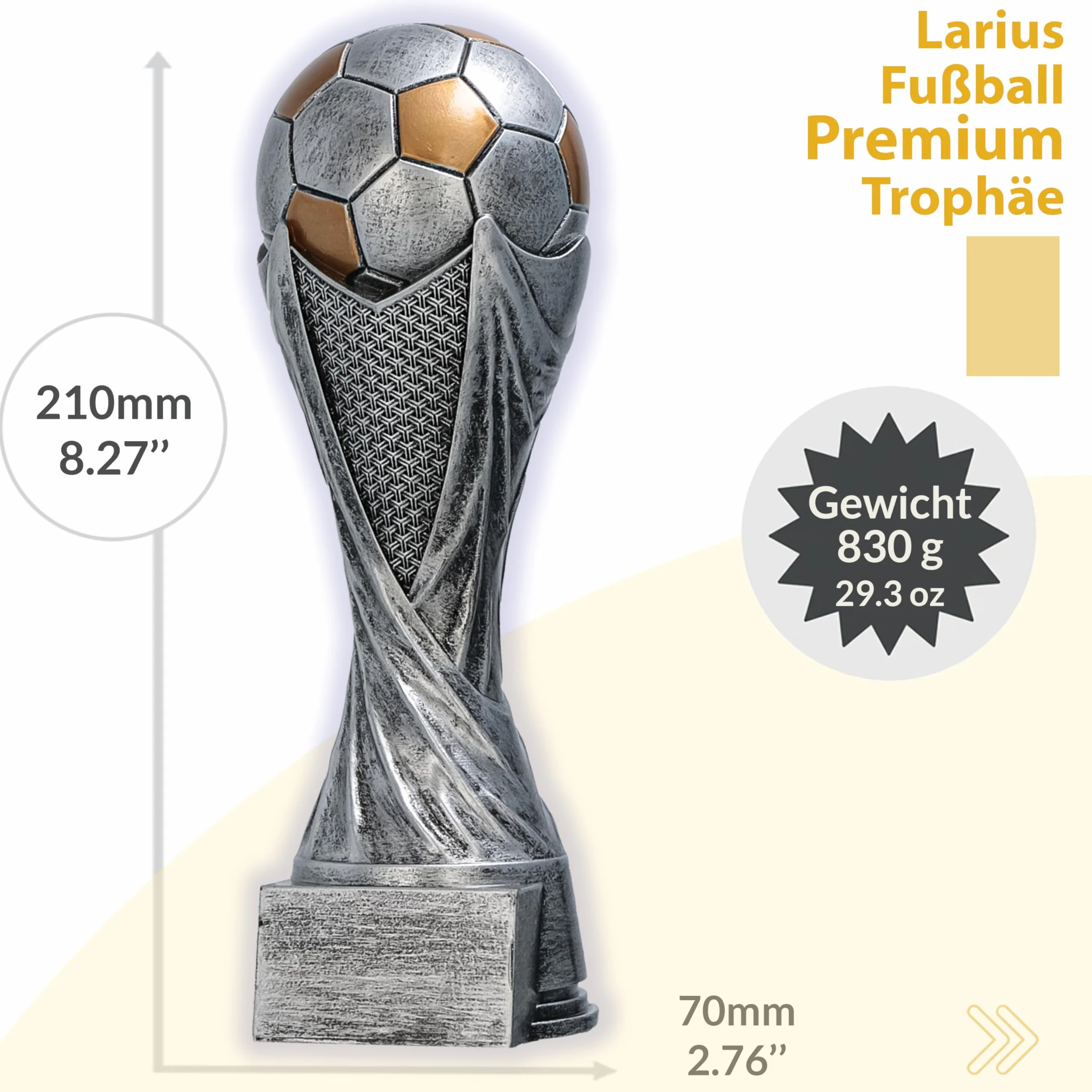 Larius Trophée Football avec Ballon 15–21 cm (300–830 g) – Coupe Lourde en Résine avec Gravure Optionnelle – pour Tournois, MVP, Meilleur Buteur & 1re–3e Place – M5