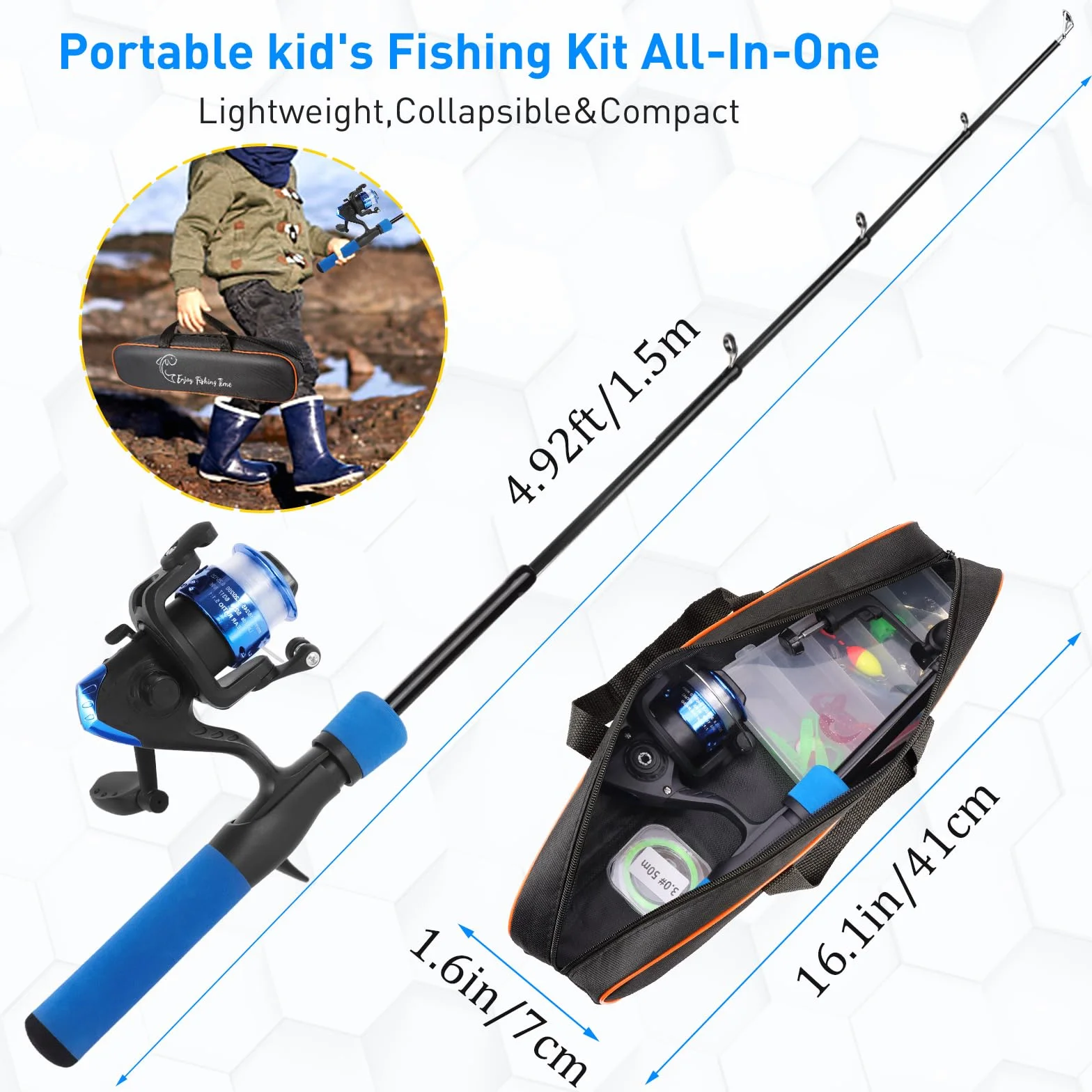 Canne à pêche télescopique 1.5M pour Enfants Débutants avec Moulinet Spincast