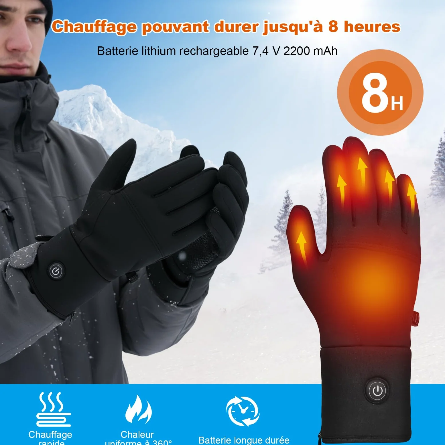 sous-Gants Chauffants Fins pour Hommes et Femmes Rechargeables, Batterie 7,4 V à Chauffage Rapide, 3 Modes de Chaleur (40-65 ℃) et Écran Tactile pour Travail en Extérieur, Sports d'hiver