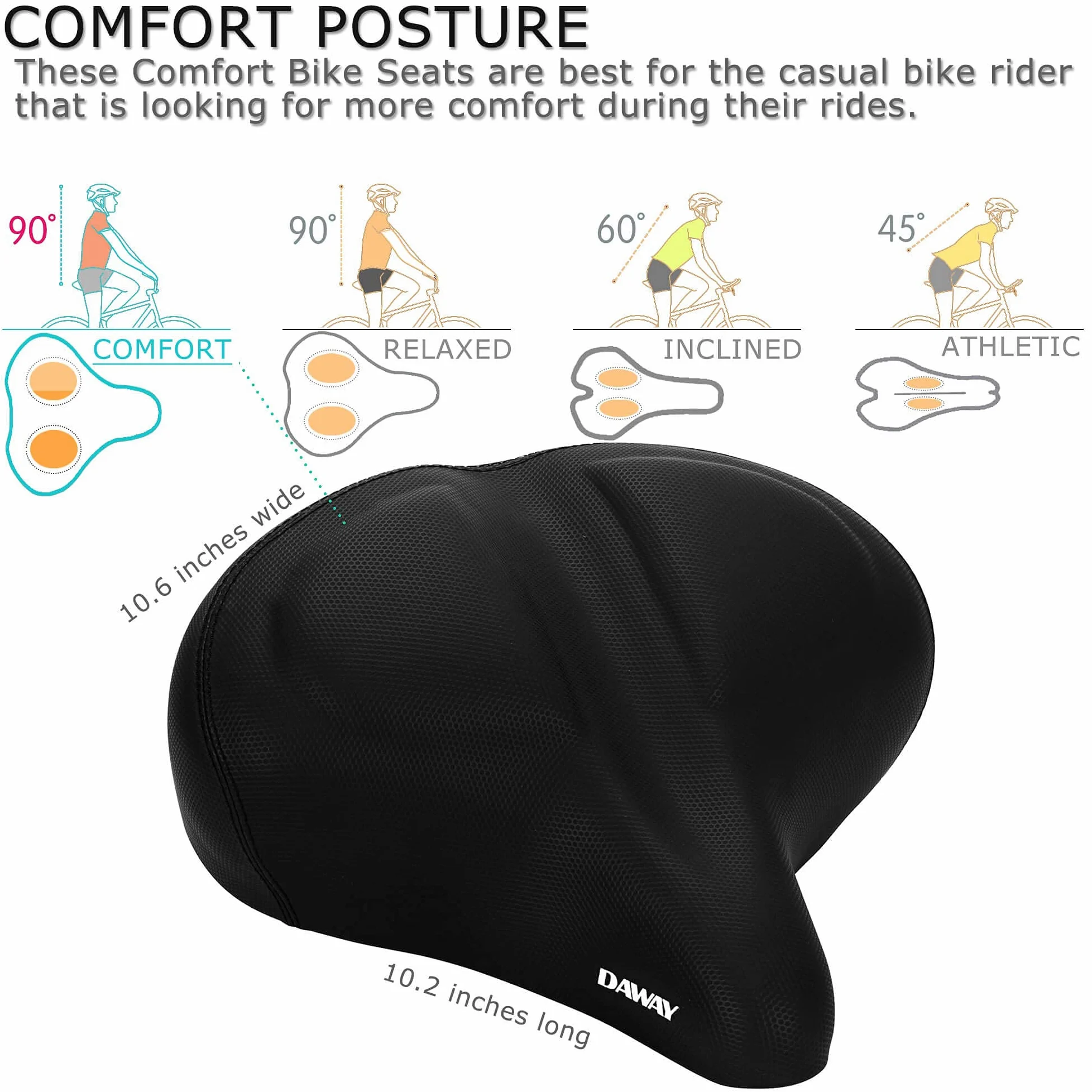 DAWAY C40 Selle de vélo surdimensionnée Confortable – Compatible avec Peloton, Exercice, VTT ou vélos de Route, Selle de vélo Extra Large avec Coussin en Mousse à mémoire de Forme pour Homme et Femme