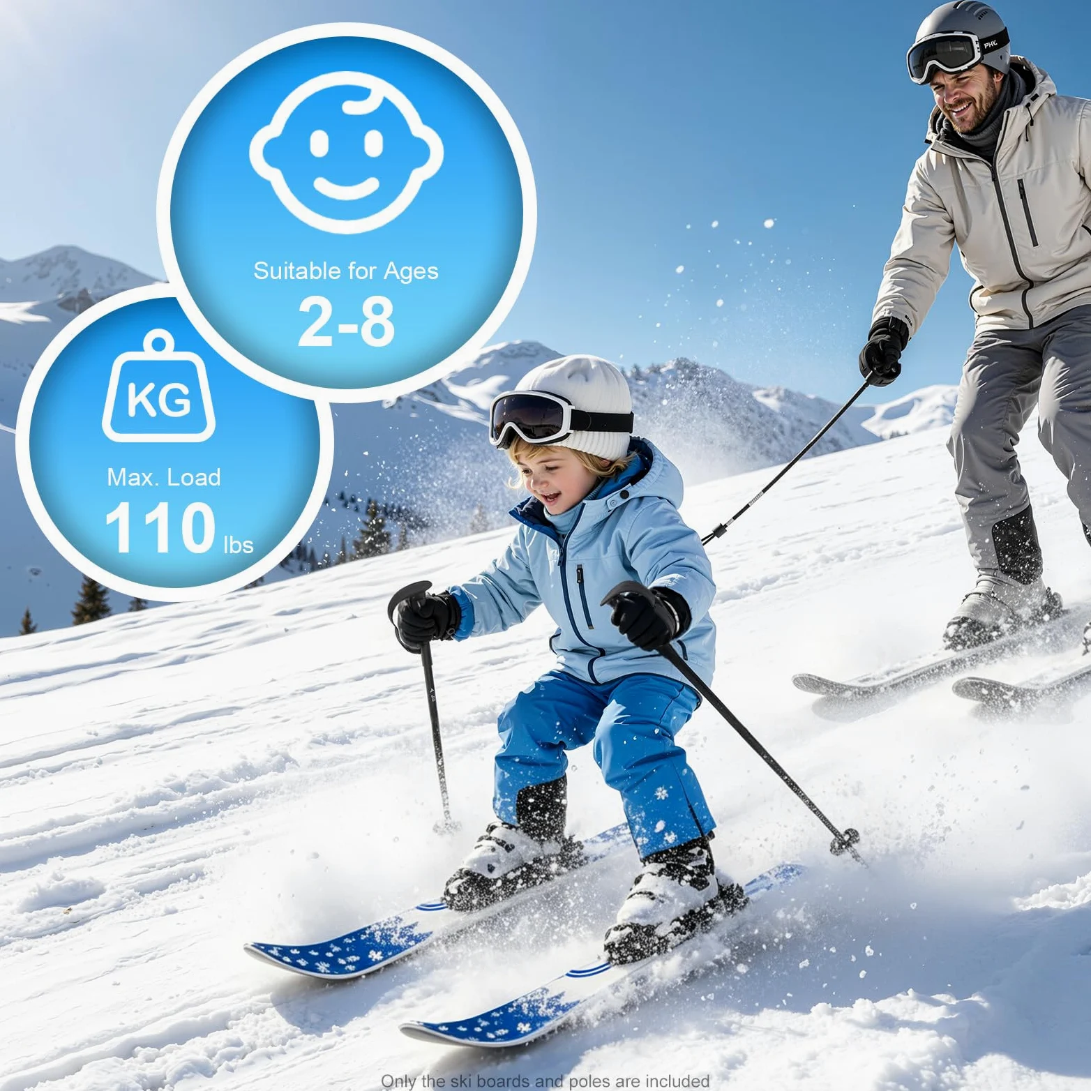 Skis et bâtons de neige pour enfants débutants avec fixations, planches de ski à faible résistance pour enfants de 2 à 8 ans, légers, robustes et sûrs, 68 x 6 cm