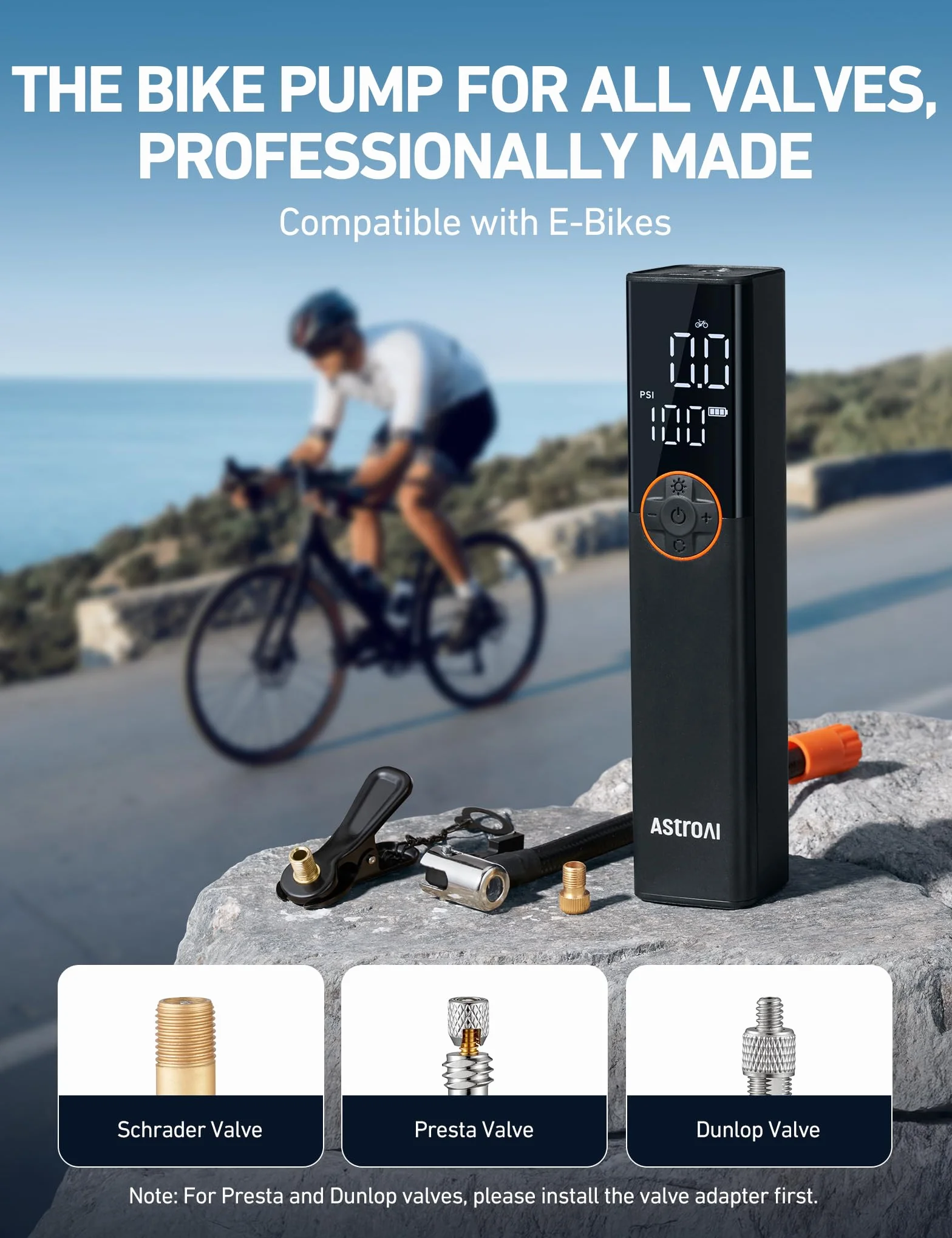 AstroAI Pompe à vélo électrique, mini pompe à vélo portable rechargeable 150 PSI pour toutes les valves, moteur haute tension spécialement conçu pour les vélos, convient à tous les vélos