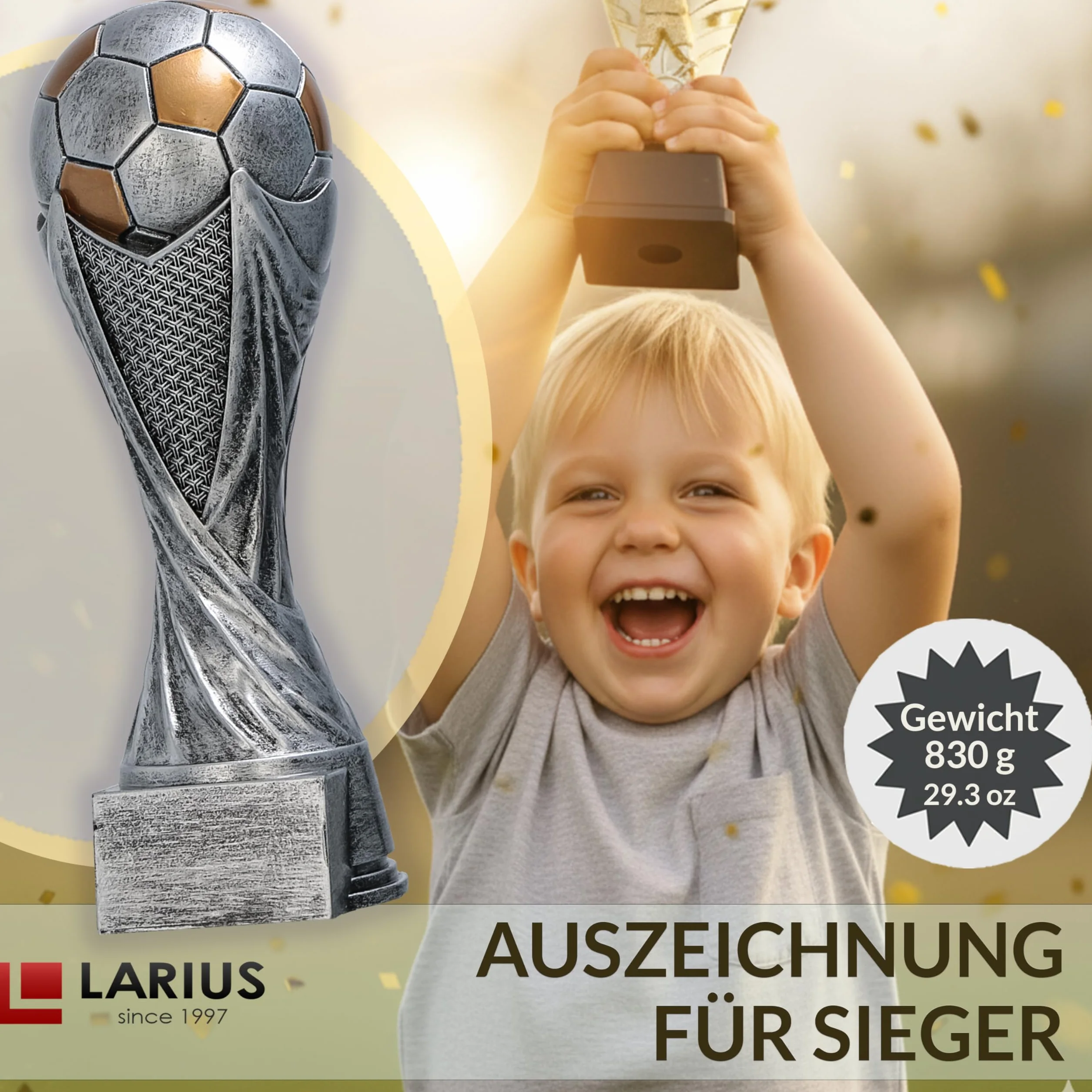 Larius Trophée Football avec Ballon 15–21 cm (300–830 g) – Coupe Lourde en Résine avec Gravure Optionnelle – pour Tournois, MVP, Meilleur Buteur & 1re–3e Place – M5