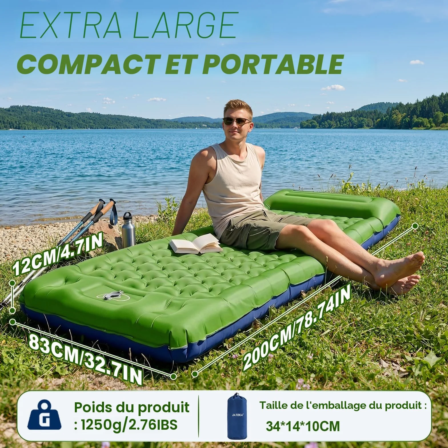 JATEKA Matelas Gonflable 1 Place 83cm Ultra Léger avec Oreiller Pompe à Pied Résistant à l'eau Bleu Verdâtre