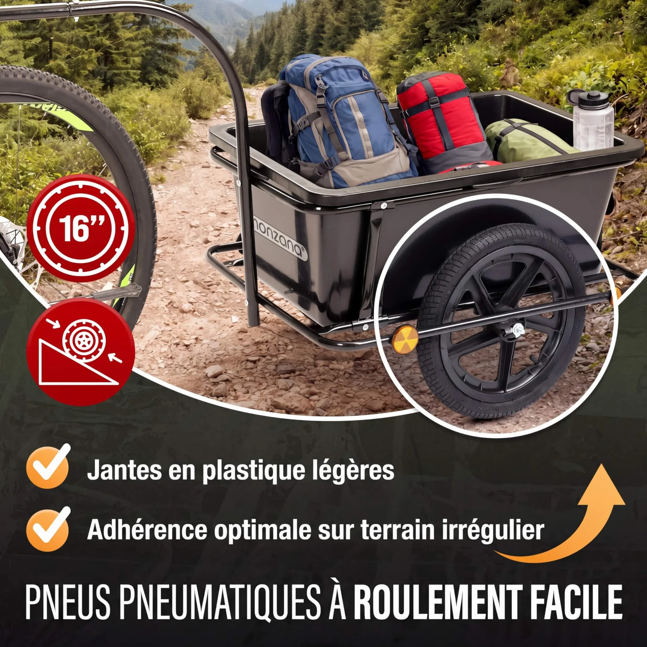 MONZANA Remorque Vélo Cuve 90L Amovible Bâche Barre Attelage Rotatif Réflecteurs Transport Chariot 80kg
