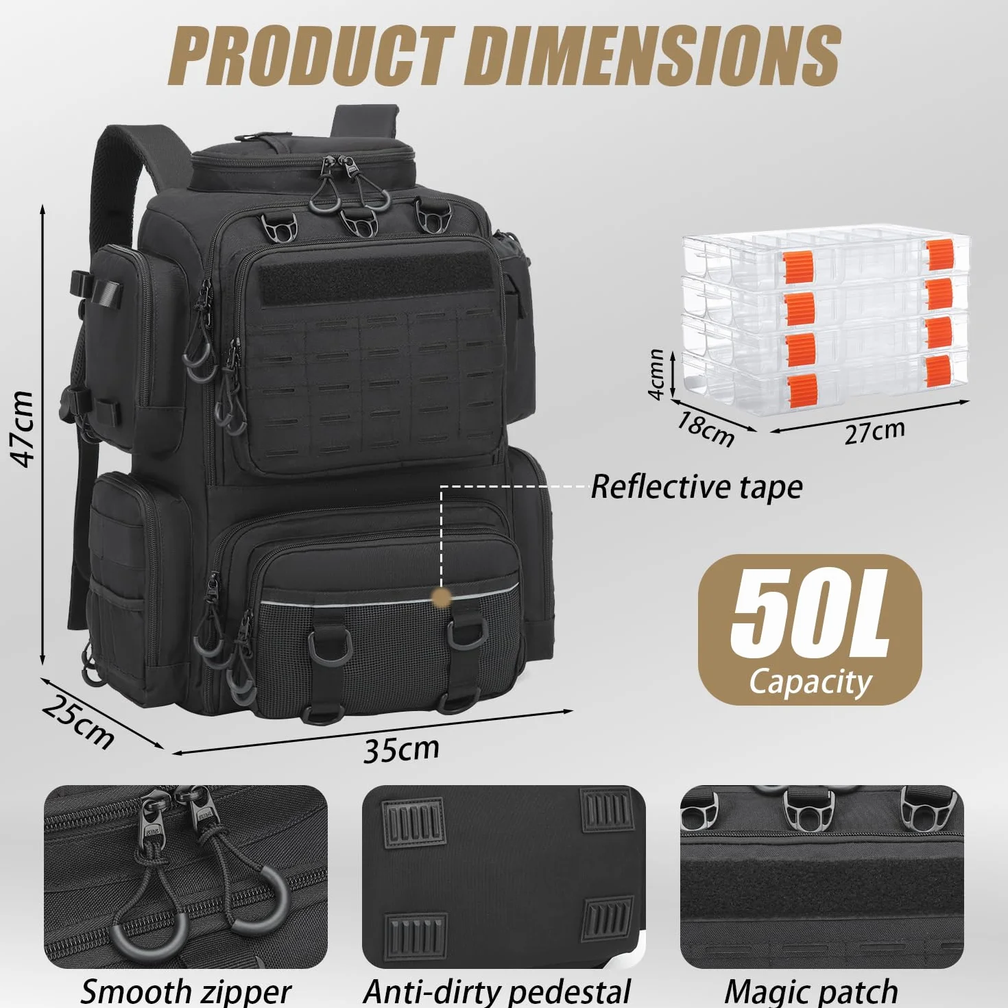 Sac à Dos de Pêche 50L avec Supports de Canne et Compartiment Réfrigéré Résistant à l'eau Noir