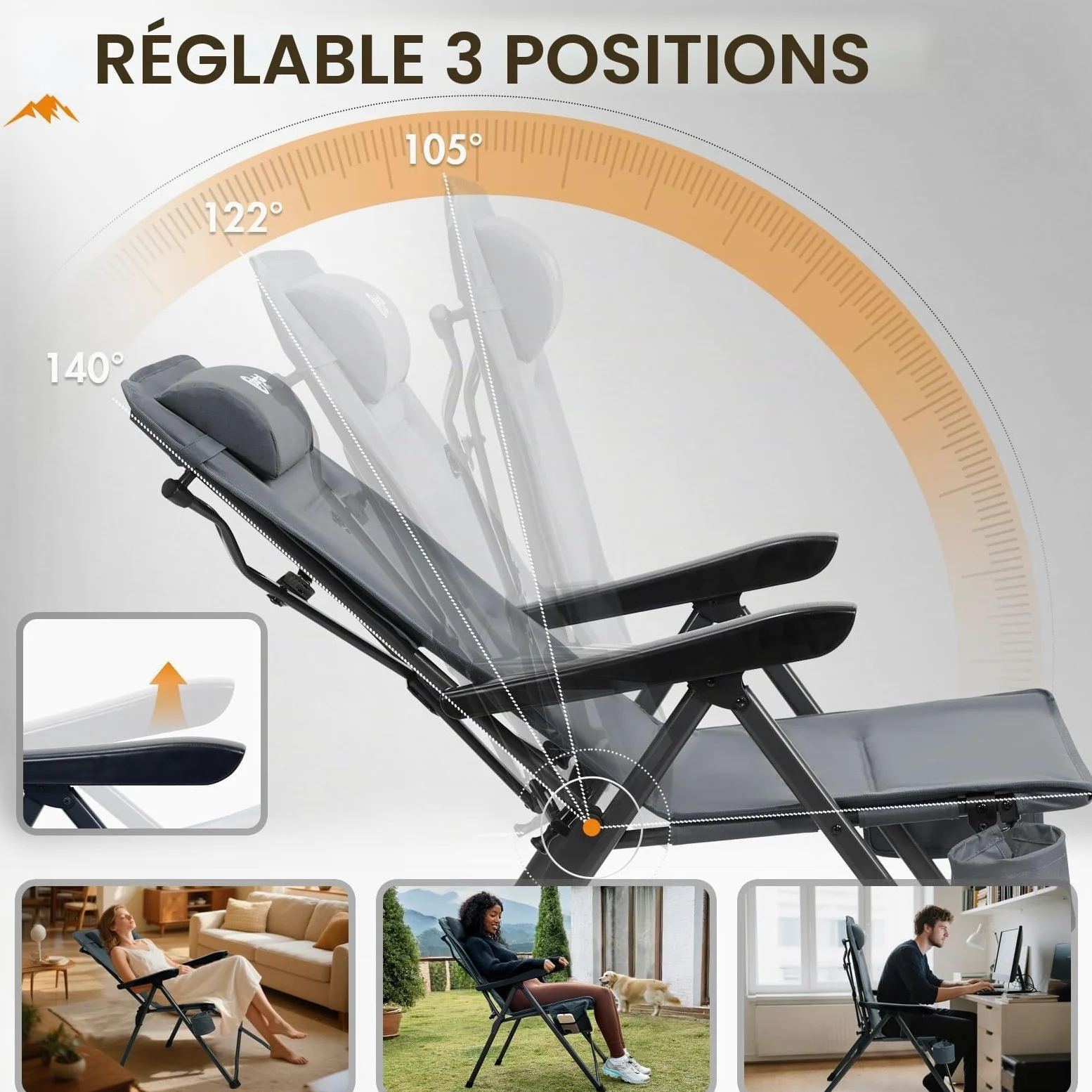 Portal Chaise Pliante Camping – Fauteuil de Jardin Portable Inclinable 160kg, Dossier Haut Réglable 3 Positions – Transat Confortable pour Plage, Terrasse, Balcon, Extérieur