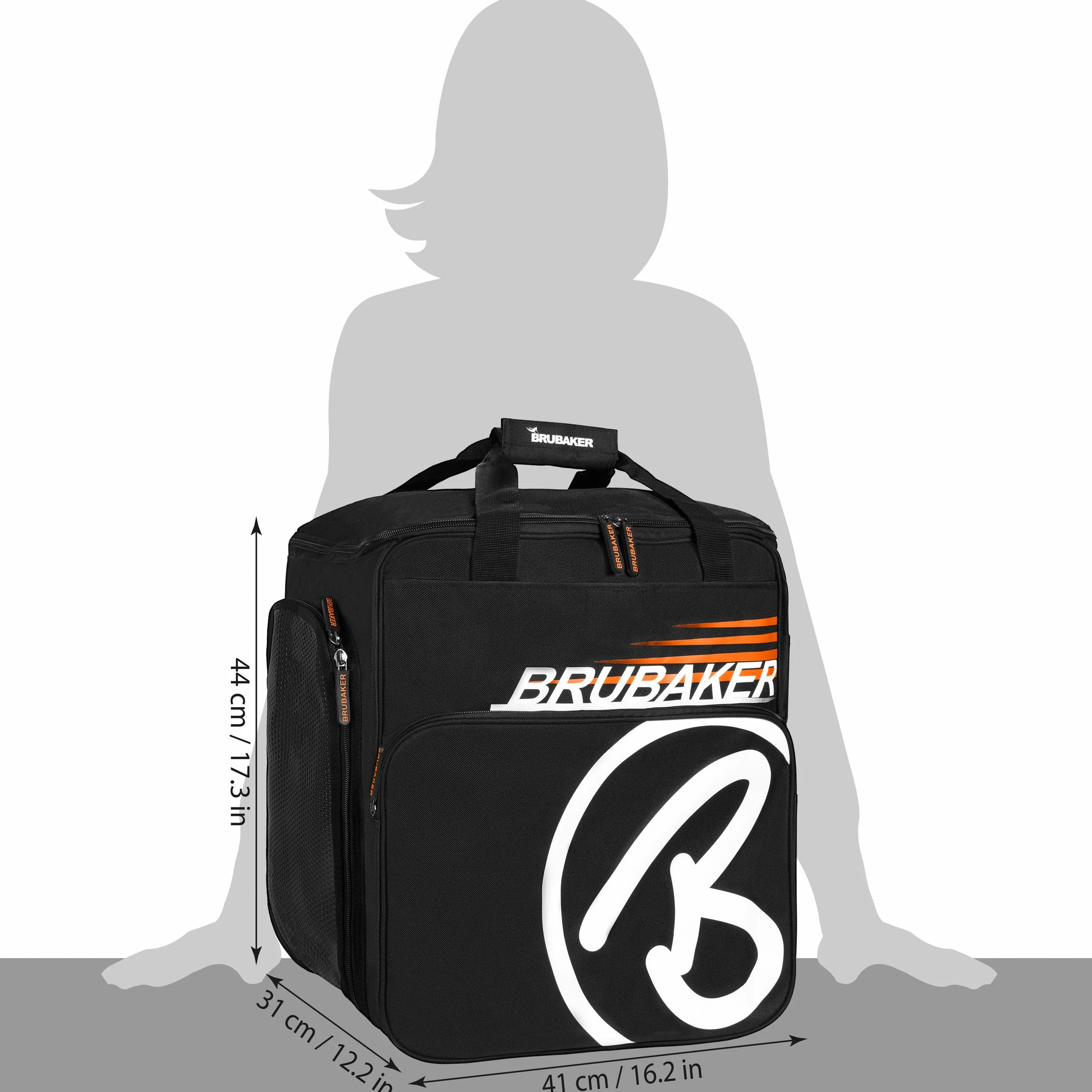 BRUBAKER Set de Ski ‘Champion’ - Housse à Skis et Sac à Chaussures de Ski pour 1 Paire de Skis + Bâtons + Chaussures + Casque - 170 cm - Noir/Orange