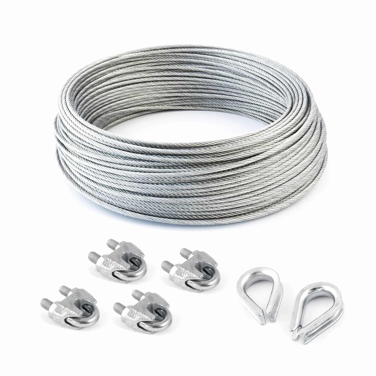 DQ-PP SET 30m câble acier galvanisé 6x19 6mm + 4 serre-câbles étrie et 2 cosse coeur