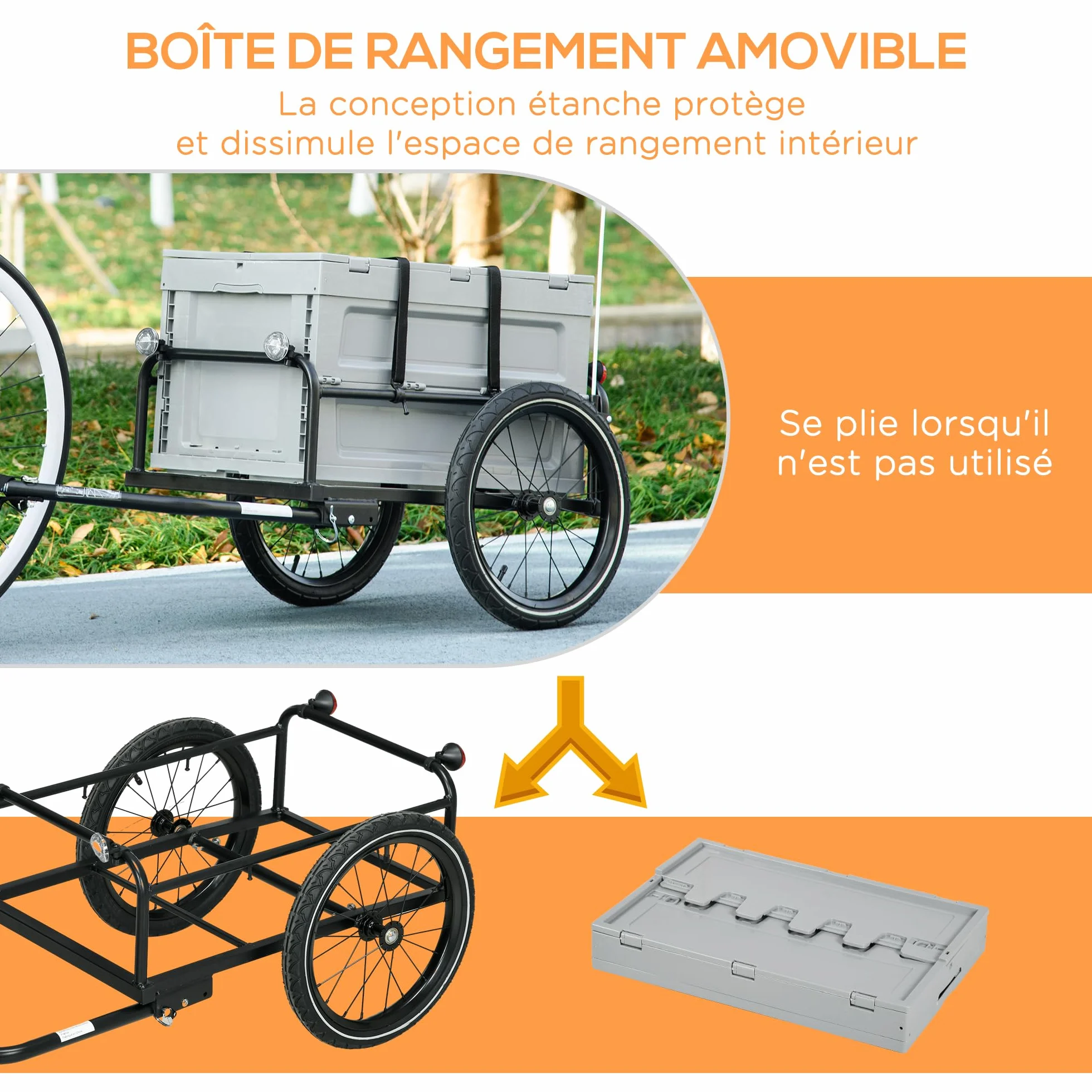 HOMCOM Remorque Chariot à vélo 65L Pliable Amovible Coffre de Rangement 40KG Gris