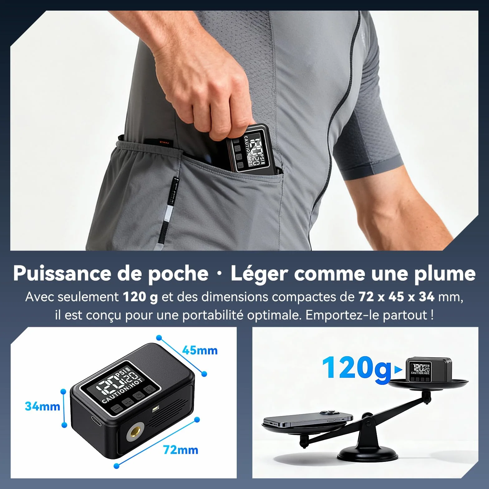 Pompe à Vélo Électrique avec Manomètre 120 Psi, Arrêt Automatique, Valves Presta et Schrader pour VTT et Vélos de Course