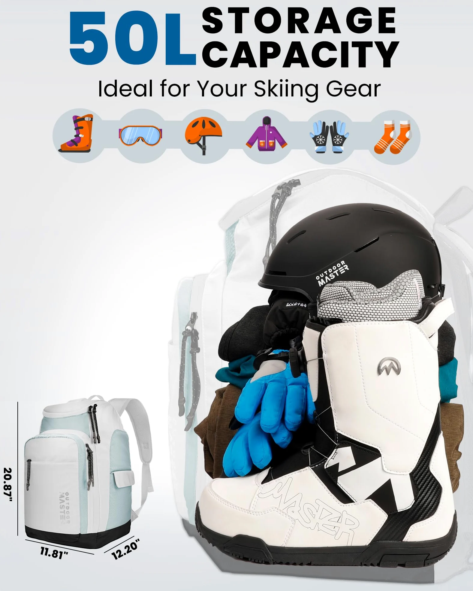 OutdoorMaster Sac à dos de voyage pour bottes de ski et de snowboard avec compartiments séparés pour casque, chaussures de ski, lunettes, gants et accessoires | Extérieur et fond résistants aux