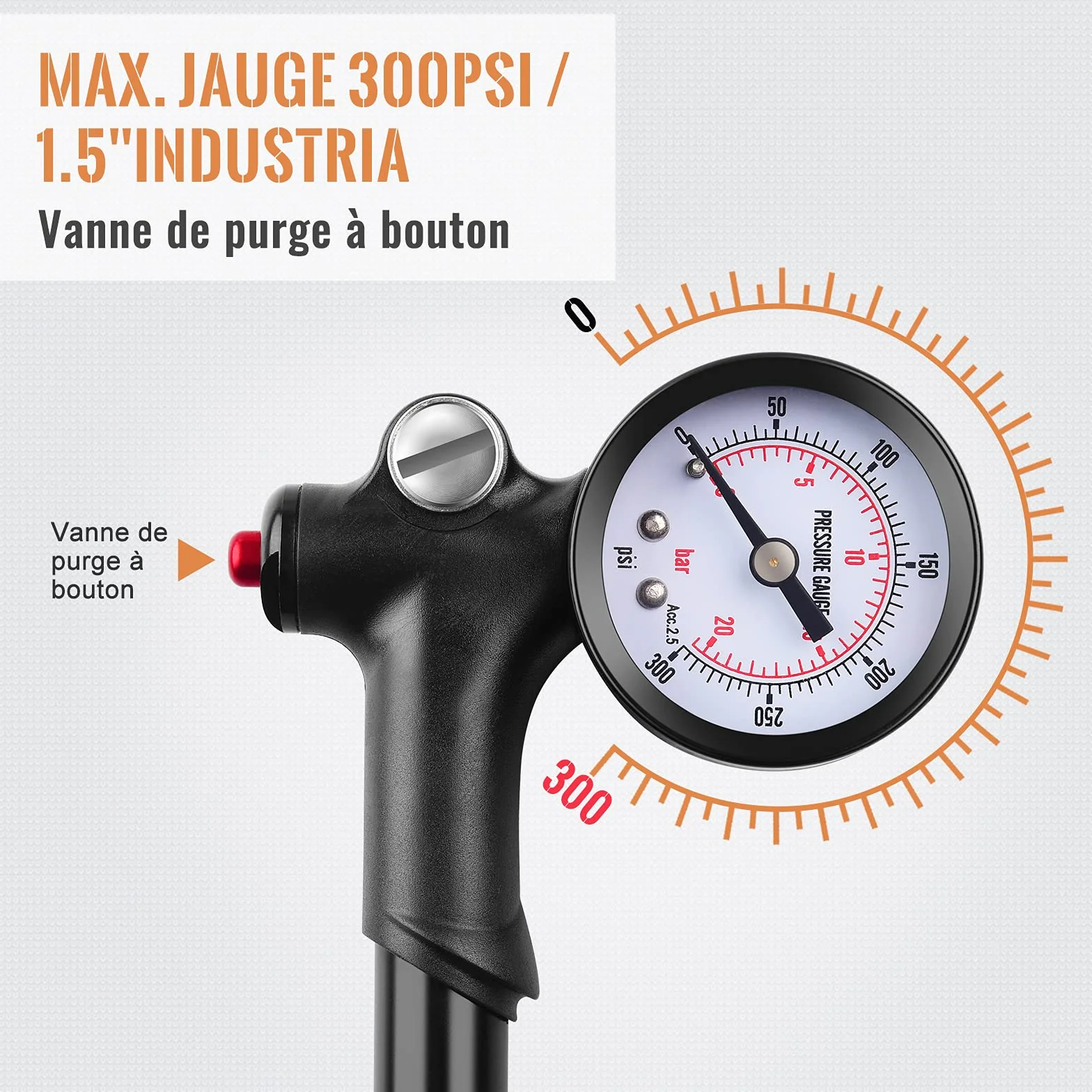 Diyife Pompe Amortisseur Haute Pression 300 PSI Mini Portative Shock Pump pour Fourche Avant Suspension Arrière Vélos VTT